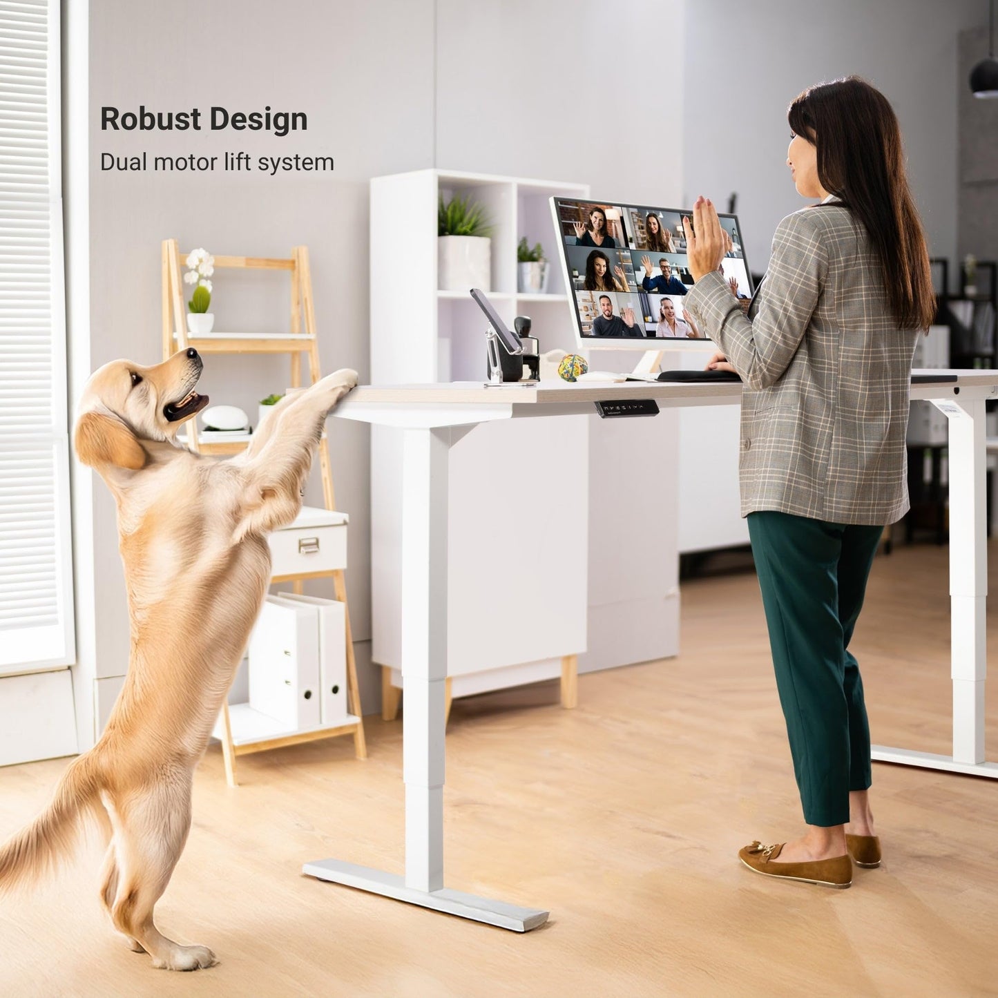 Progressive Desk Stand Up Adjustable Height Electric Standing Desk - 60"x30" Dual Motor, Computer Workstation Sit Stand Table for Home Office - Ebony Oak, Black Frame