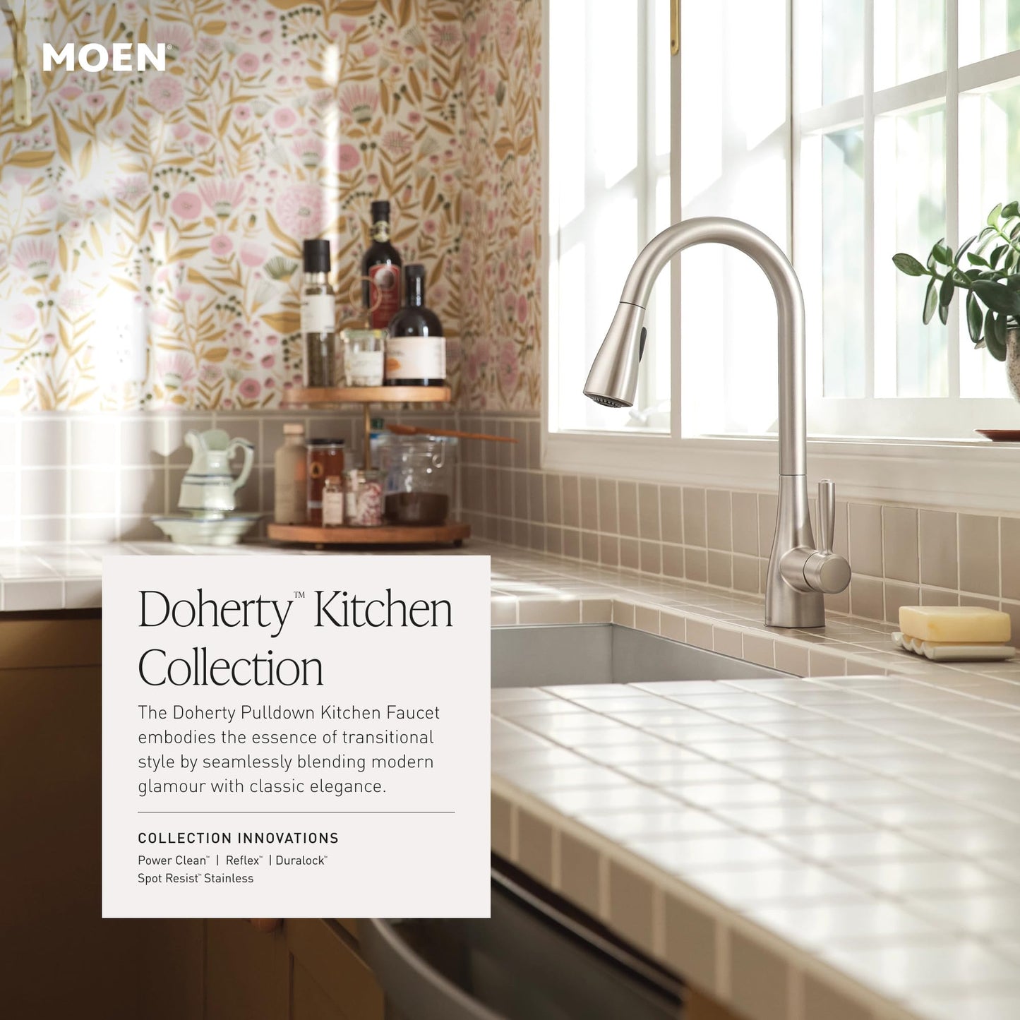 Moen Doherty Spot Resist Stainless Single Handle Pull-Down Kitchen Faucet with Power Clean and Reflex Docking System, 87260SRS