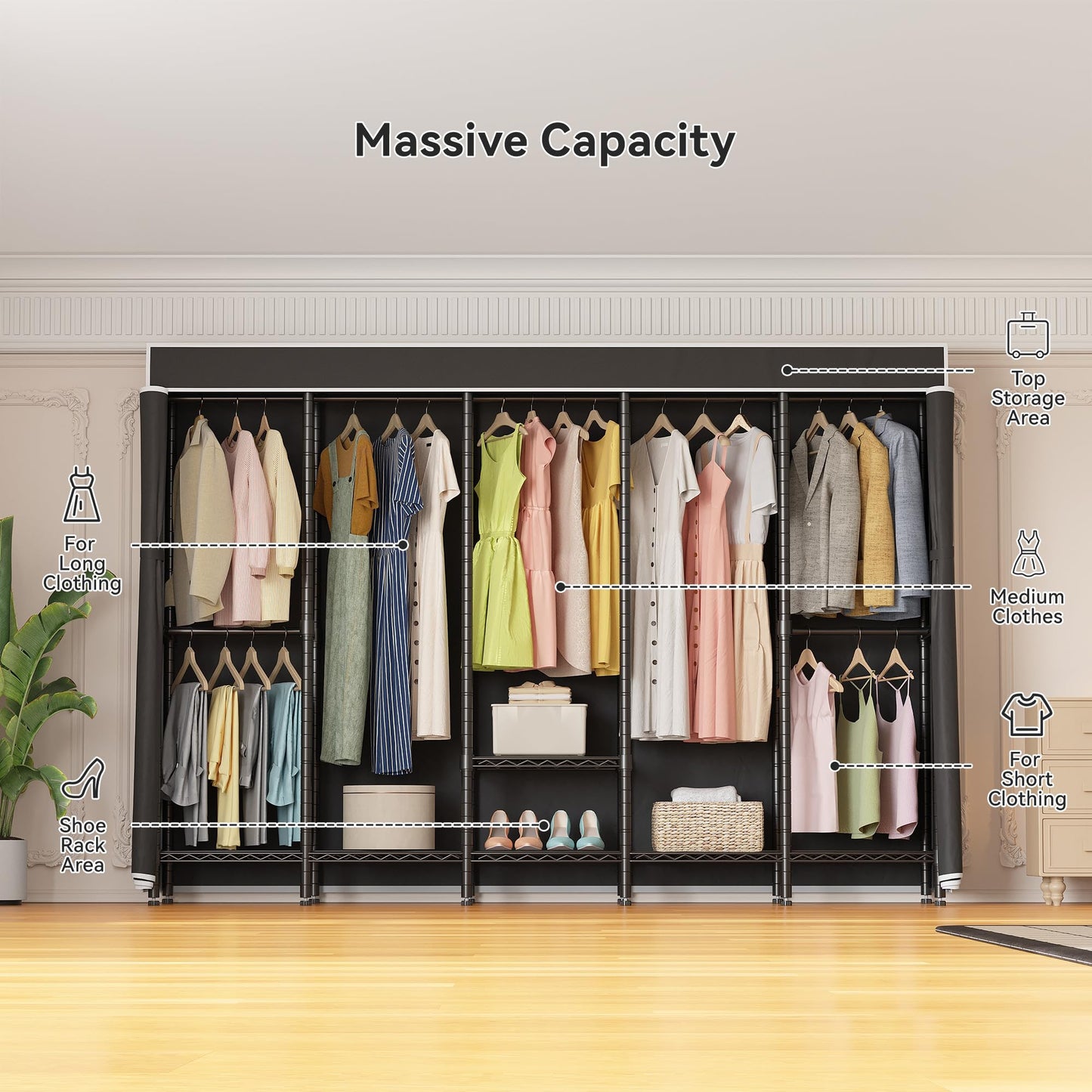 Higeego 94.5"W Heavy Duty Clothing Rack with Cover, H5C Garment Rack with Adjustable Shelves Freestanding Wardrobe Closet with Hanging Rods Portable Closet, Black Rack with Black Cover, Load 1400 lbs