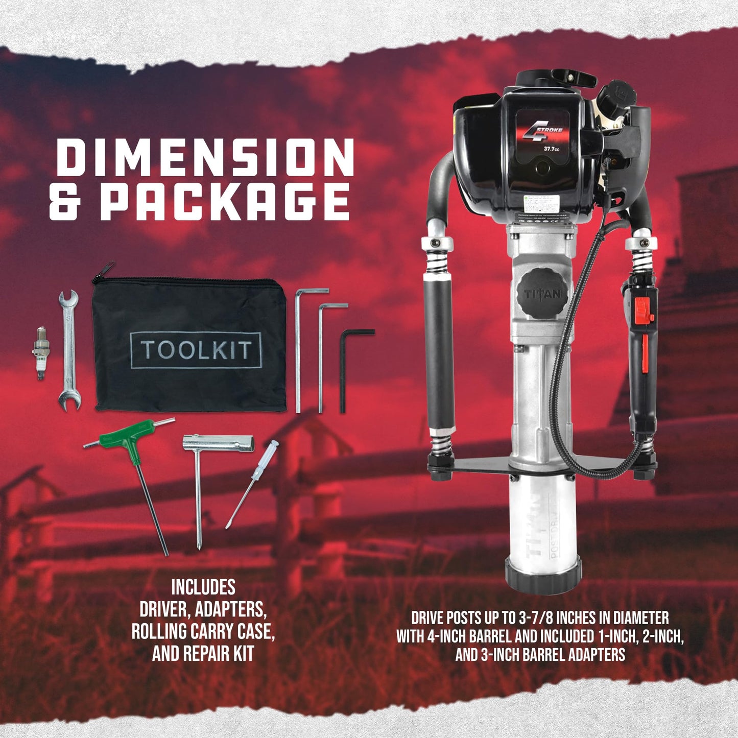 Titan Post Drivers PGD3875 Light-Duty Portable Gas-Powered Driver with 1.3 HP 4-Stroke Engine, 3 7/8" Max Diameter, and 4 Adapter Collars, 50 lbs