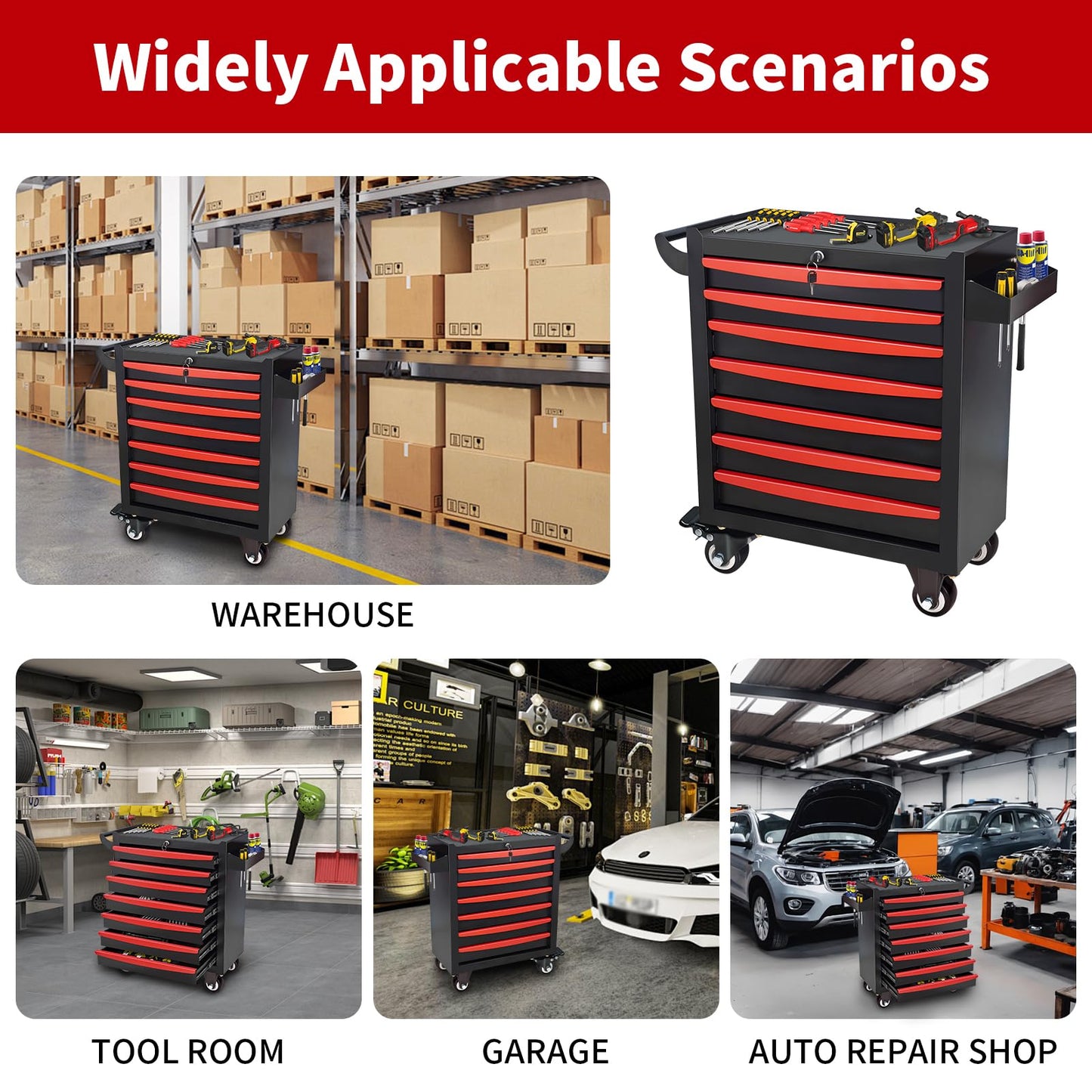 Rolling Tool Chest 7 Drawers, Metal Tool Box with Wheels Lockable Garage Storage Cabinets Sliding Tool Drawer Cart Toolbox Organization Workbench for Workshop Warehouse Repair Shop