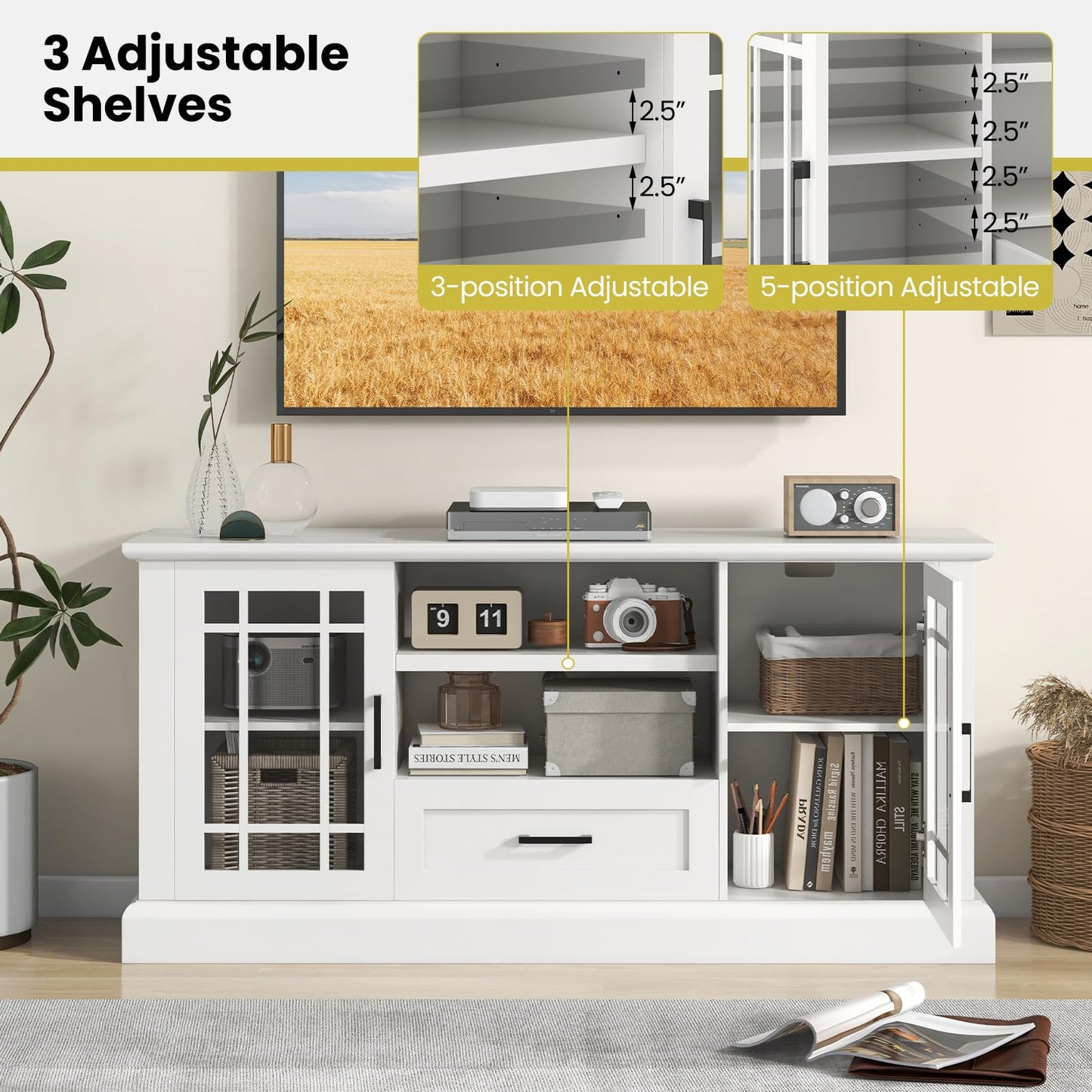 Tangkula Farmhouse TV Stand for TV up to 65 70 Inches, Tall Media Console Table with 2 Glass Storage Cabinets, 1 Drawer & 2 Open Shelves, Wooden Entertainment Center for Living Room (White)