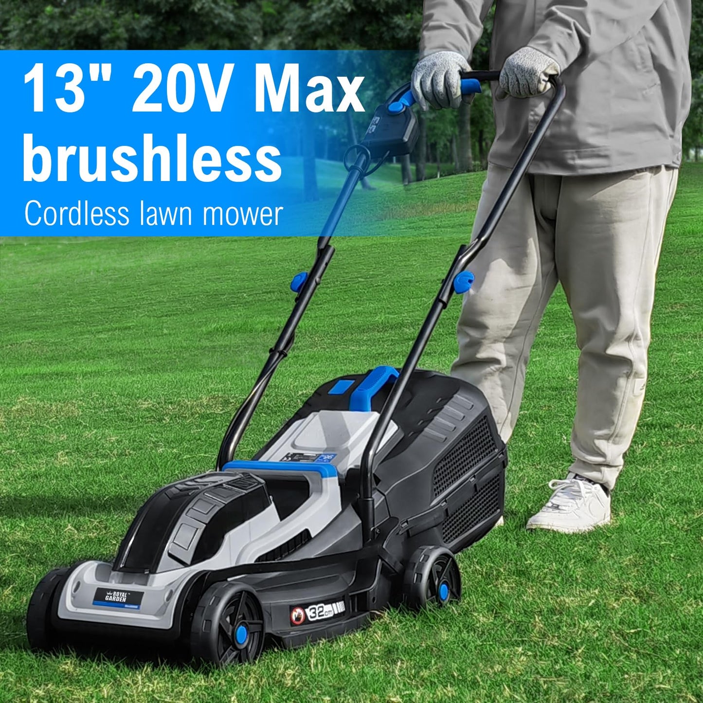 ROYAL GARDEN 13 Inch Lawn Mower Cordless Electric Walk Behind Push Mower with 5-Height Adjust Portable & Lightweight Push Battery Powered Lawn Mower (4.0AH Battery & Charger Included)