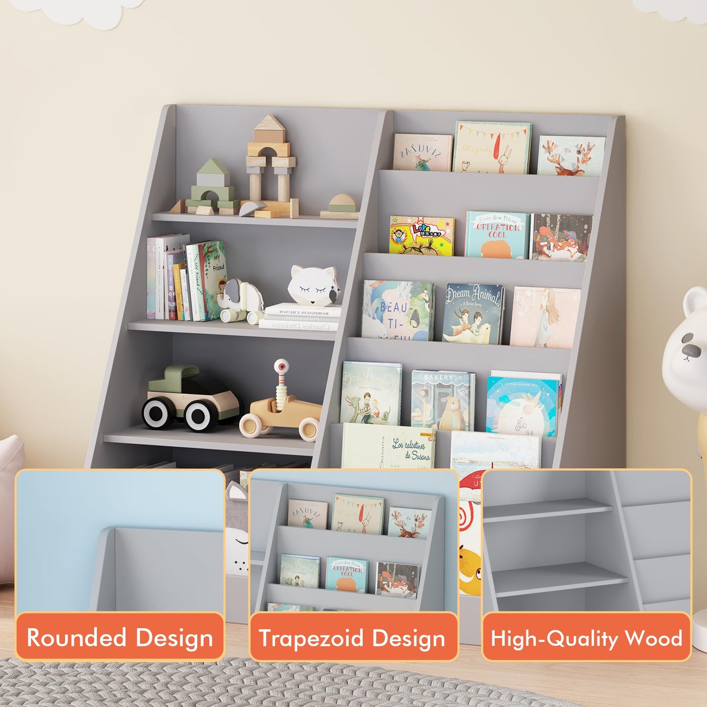 Ball & Cast Kids Bookshelf and Toy Storage,Toy Organizer W/ 4 Tier Kids Book Shelf,Toddler Montessori Bookshelf W/ 6 Layer Sling Children Bookcase,Wooden Display BookRack for Nursery Playroom,Gray