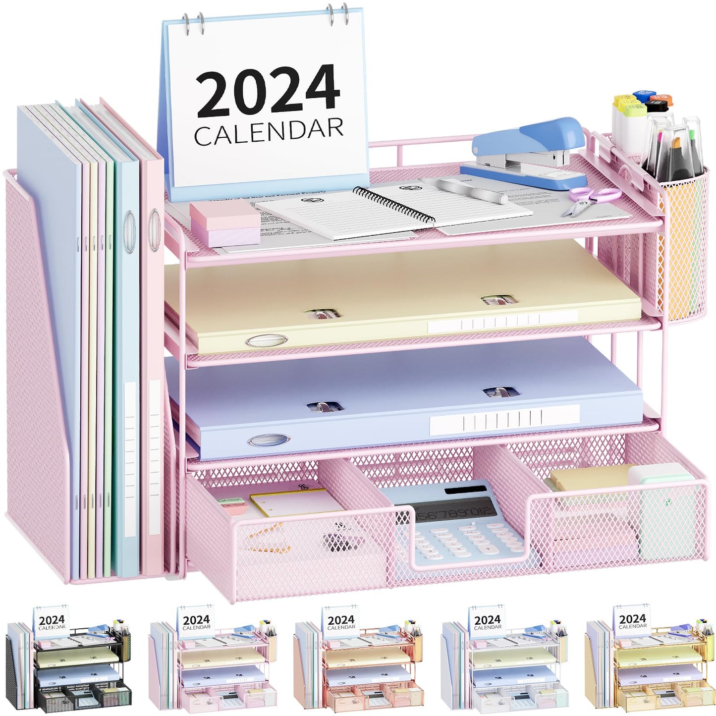 Desk Organizer and Accessories, 4-Tier Desktop File Organizer with Drawer and 2 Pen Holders, Office Desk Accessories for Office Supplies(Green)