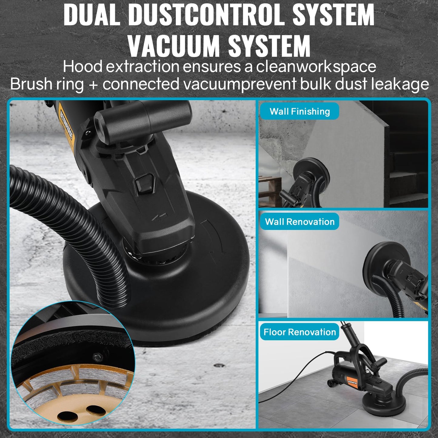 7'' Concrete Grinder Set with Long Handle, 3800W Concrete Floor Grinder Concrete Surface Planner 6000RPM with Dust Extraction Shround, 6 Speeds & Auxiliary Wheels for Grinding Concrete Marble Granite