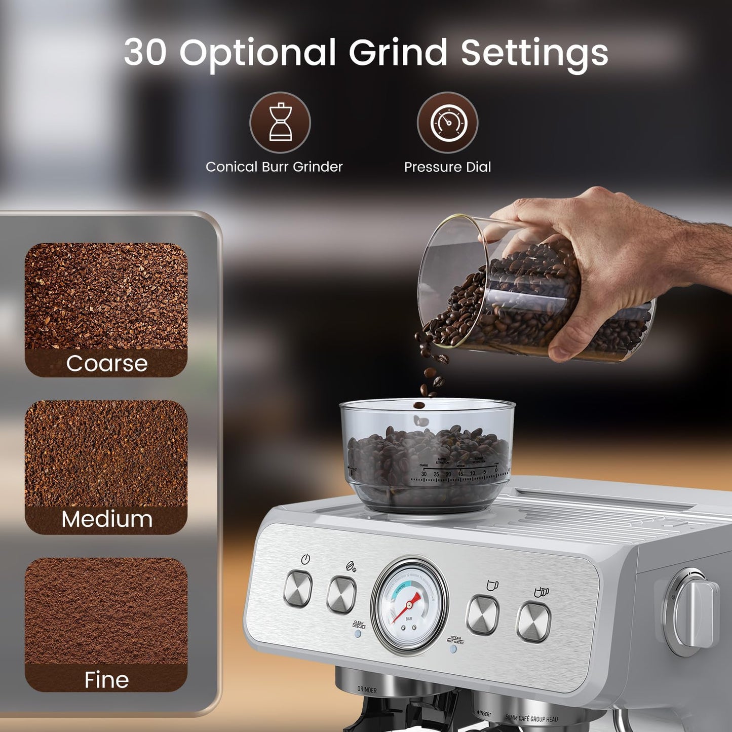 (2026 Upgrade) Espresso Machine with Grinder, Expresso Coffee Machines with Built-in Anti-Clog Coffee Grinder/Milk Steam Wand/Frother, Expresso Machines for Home Perfect Cappuccino & Latte-Silver
