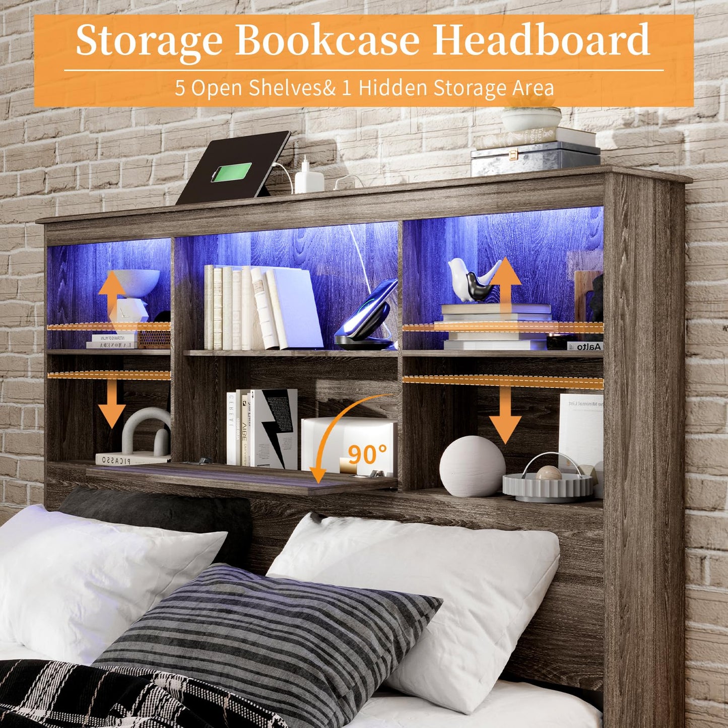 LUXOAK Queen Size Bed Frame with LED Bookcase Headboard, Wooden Storage Bed with Charging Station & 4 Drawers, No Box Spring Needed/Noise-Free/Rustic Grey