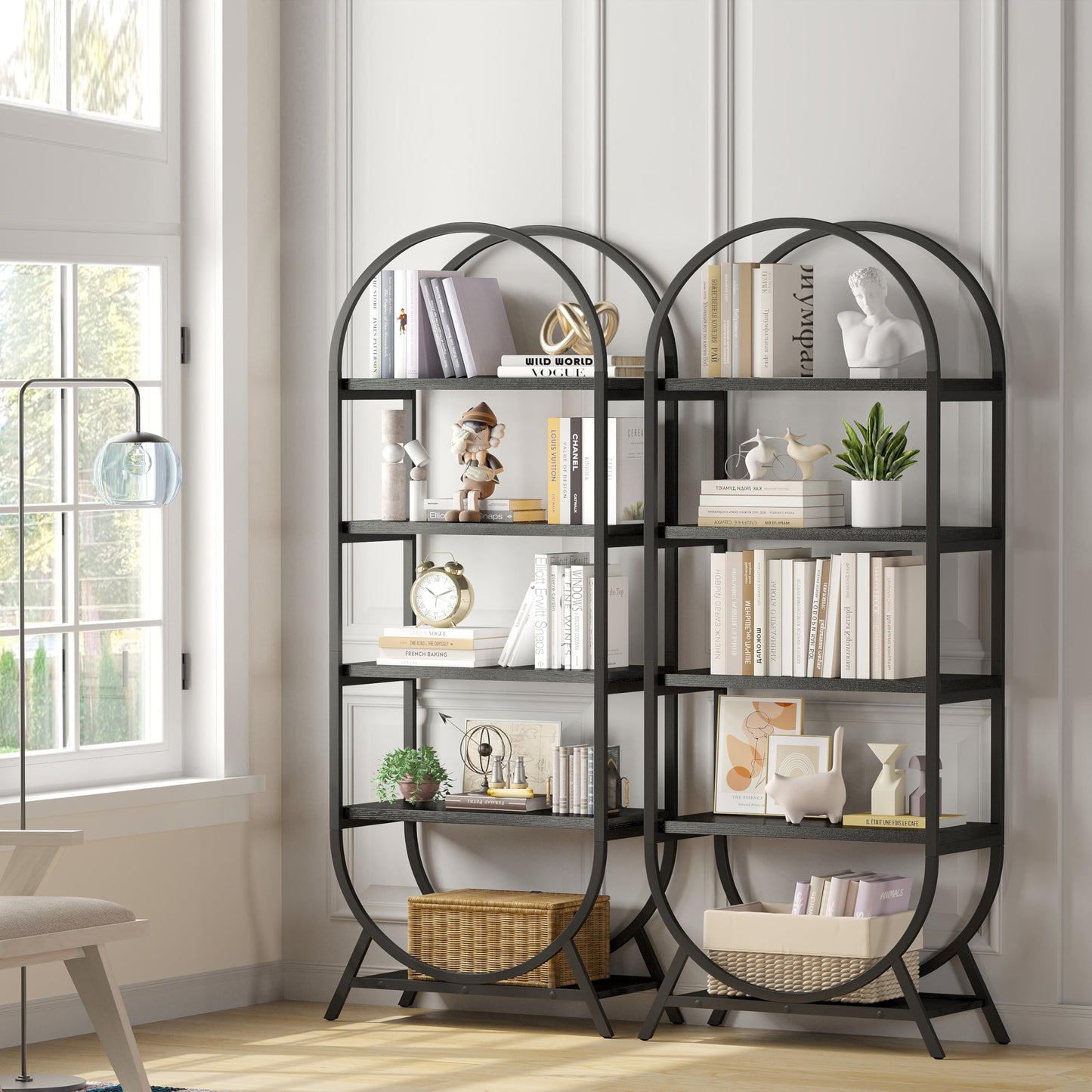 Kogven Bookshelf Arched Bookcase, Industrial 5 Tier Open Book Shelves with Metal Frame, 72" Tall Freestanding Display Rack for Home Office, Living Room, Black