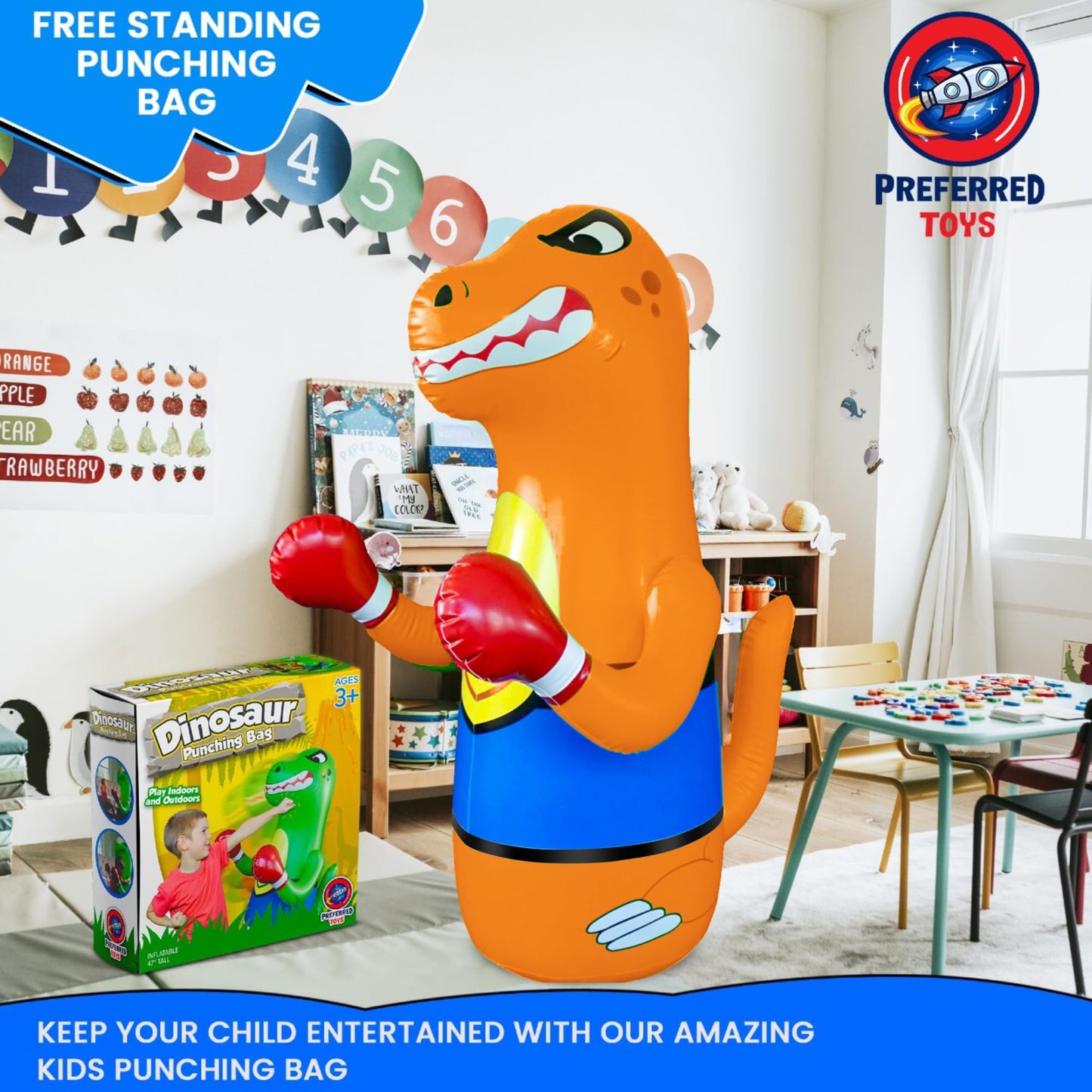 Preferred Toys 47" Inflatable Dinosaur Punching Bag for Kids - Durable Blow Up Kids Punching Bag with Bounce Back Base - Inflatable Indoor Outdoor Active Toddler Bop Play Toy - Orange