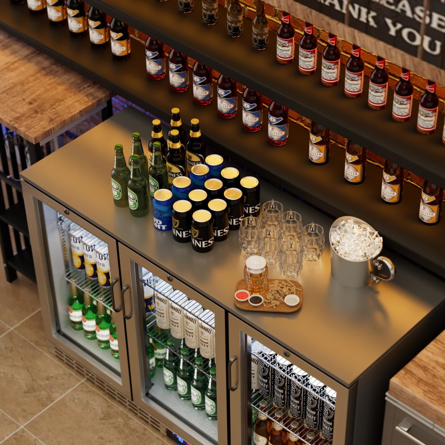 53 inch 11.7 cu.ft Back Bar Cooler Commercial Counter Height Beverage Refrigerator with 3 Glass Doors & LED Lighting, Stainless Steel Beer Fridge for Home Bar Restaurant, Sliver, 115V, ETL Approved