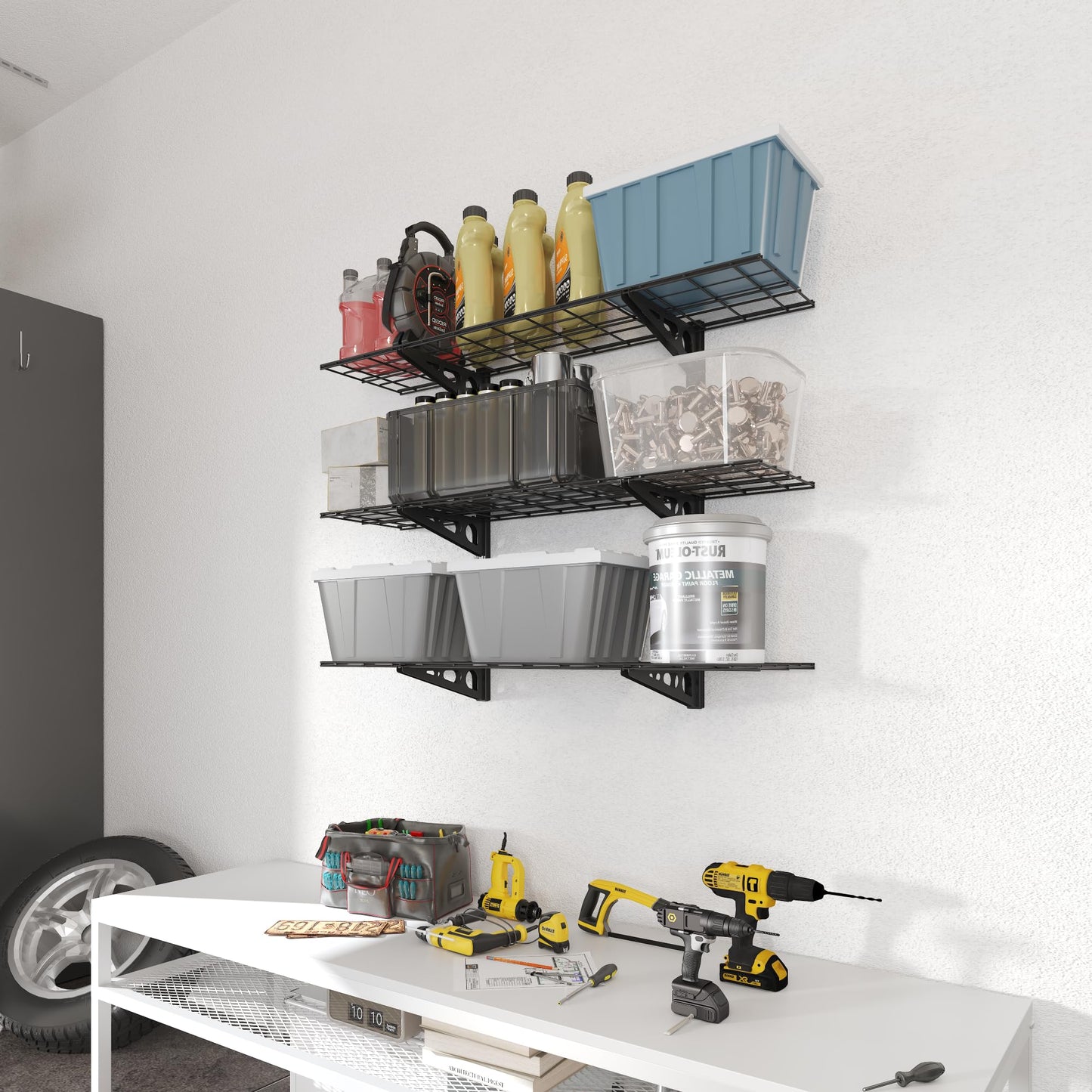 FLEXIMOUNTS 3x6 Overhead Garage Storage Rack, plus 3-Tier 1x4ft Wall Mounted Adjustable Shelving Unit, 450lbs+450lbs Capacity, Black Steel Frame