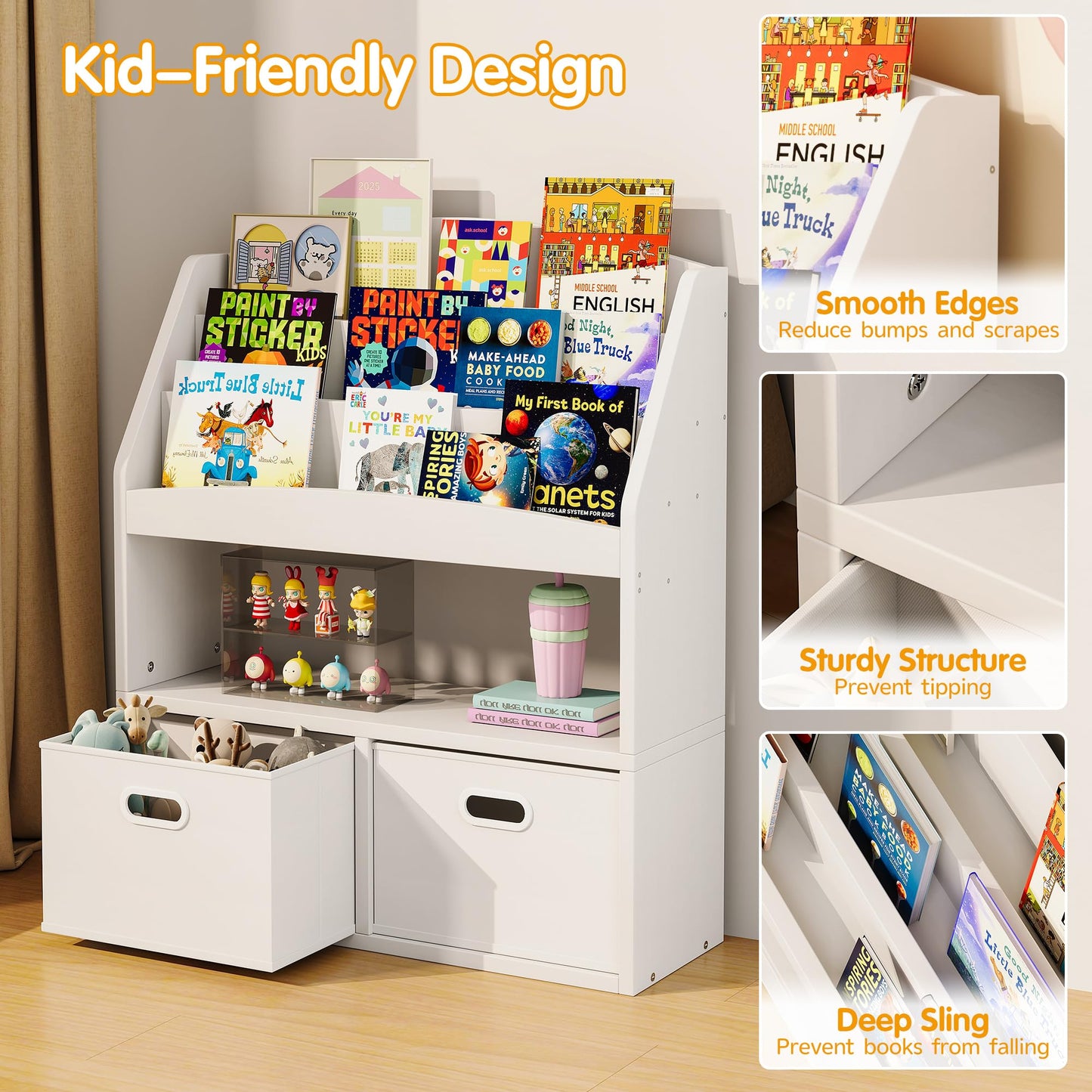Homeiju Kids Bookshelf & Toy Storage Organizer with 2 Fabric Bins, 3 Tier Children Book Shelf, Toddler Bookcase for Toddler, Kids Room, Toys, Nursery, Playroom, White