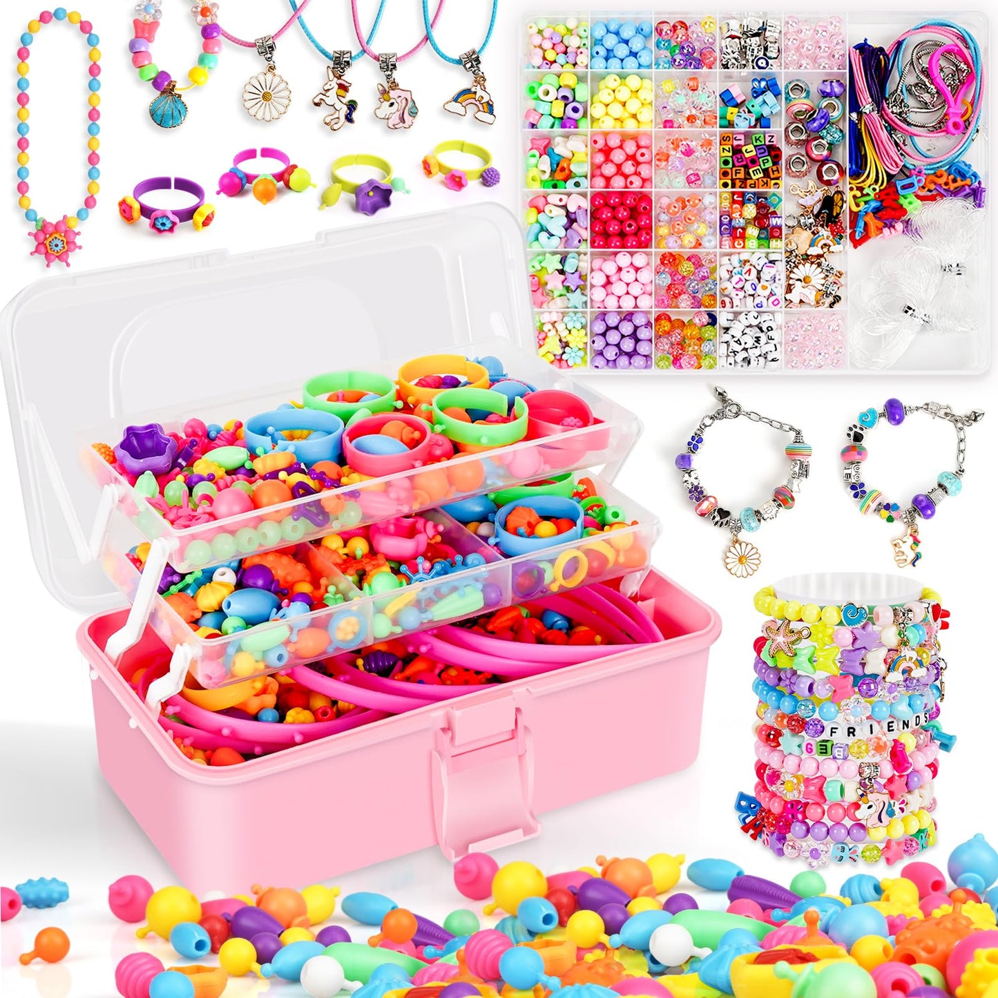 FUNZBO 1600 Pcs Pop Beads with Bracelet Making Kit, Jewelry Making Kit for Little Girls, Arts and Crafts Toys, Necklace Bracelet Ring Snap Set, Birthday Gifts for Kids Ages 3-9 Years Old