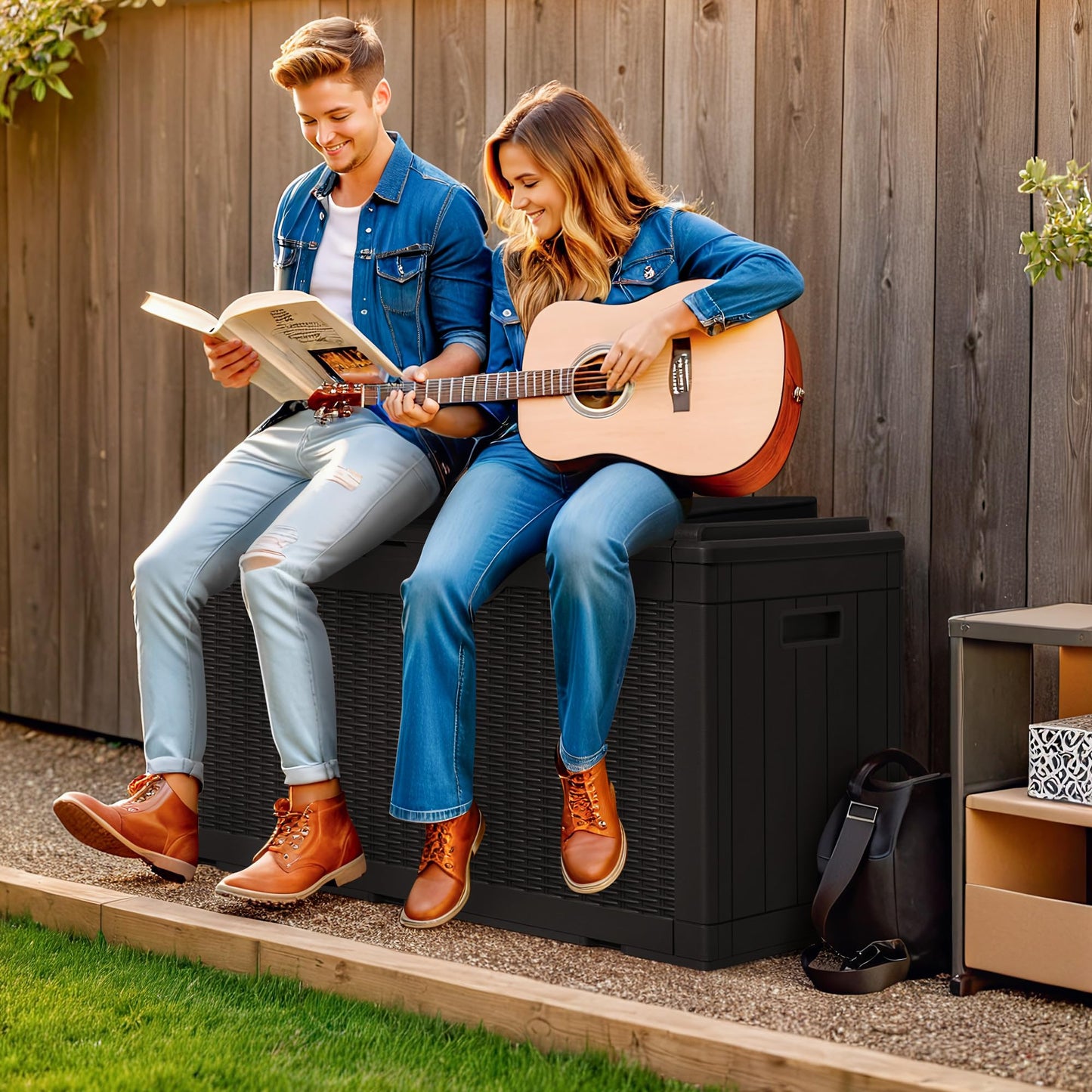 Greesum 100 Gallon Resin Deck Box Large Outdoor Storage Boxes with Cushions for Garden Tools, Patio Furniture Pillows, Pool Supplies, Black