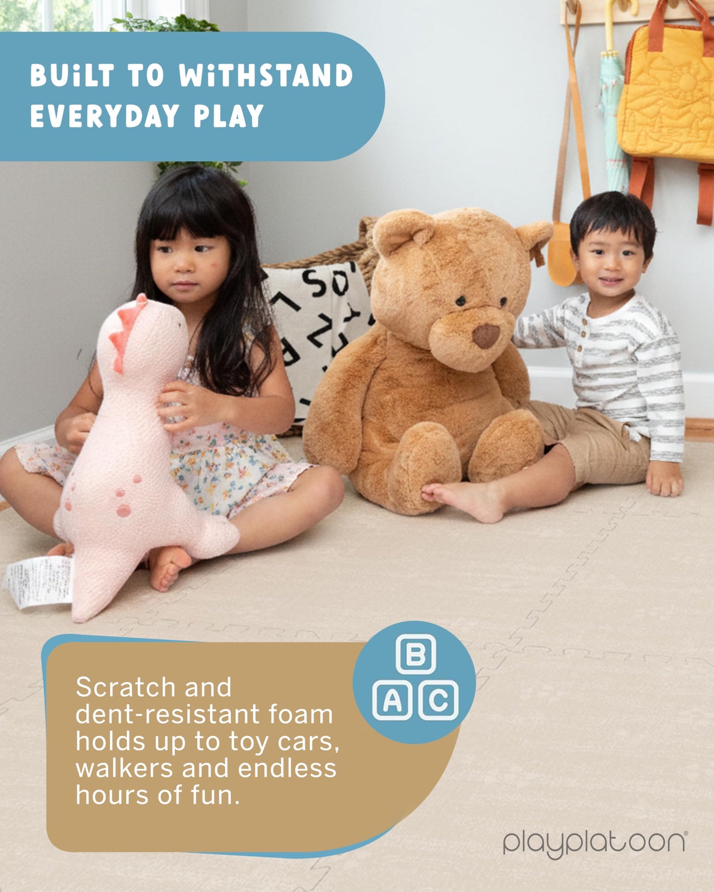 Play Platoon Non-Toxic Large Baby Play Mat for Floor, 9 Tile 72 x 72 inch - Extra-Thick Interlocking Foam Floor Tiles 24 x 24 in Puzzle Mat Pieces with Border, Playmat Rug for Kids - Brushed Cotton
