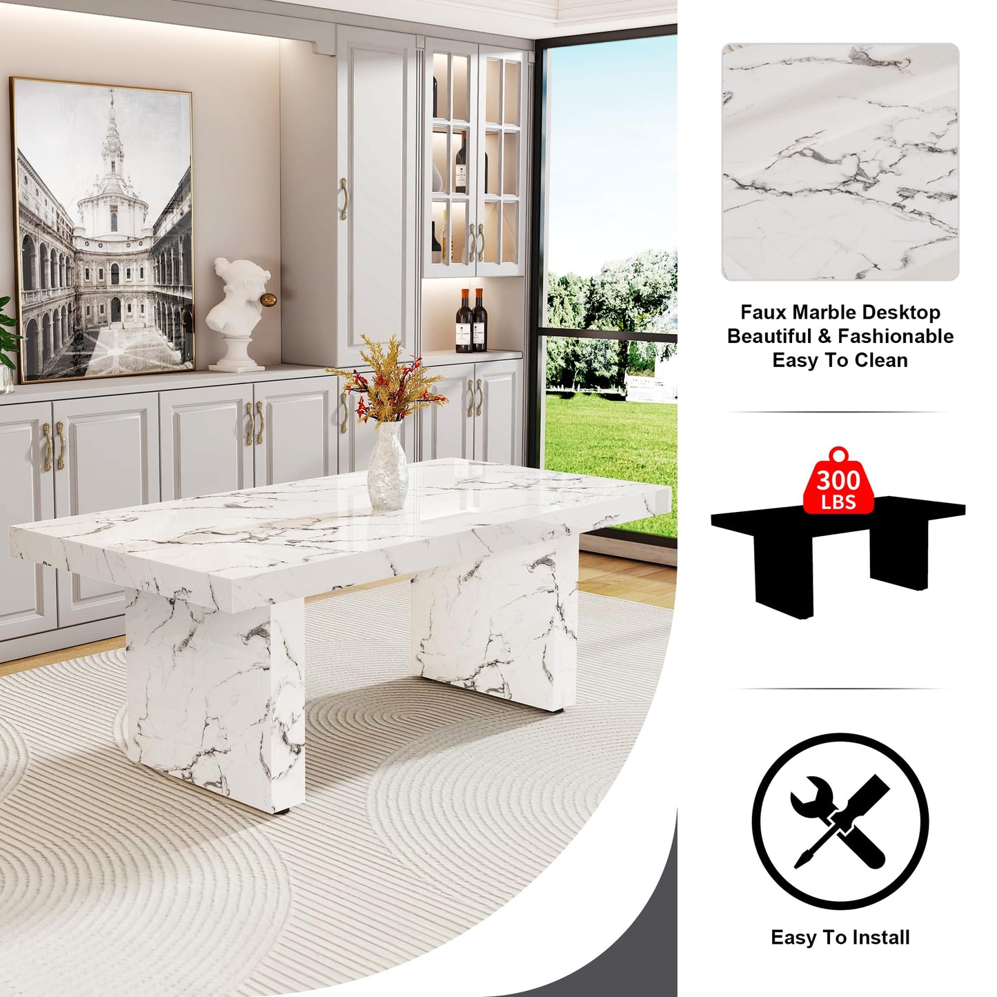 gopop 11 Piece Dining Table Set, 79" Marble Dining Table Set for 10, Marble Pattern MDF Dining Table Top and Base, 10 PU Leather Dining Chairs with Chrome Plated Metal Legs for Kitchen Dining Room.