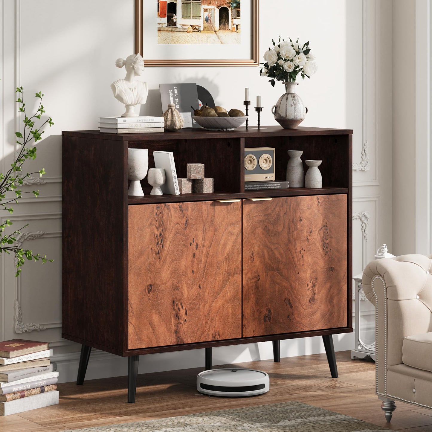 GarveeHome Buffet Cabinet with Drawers and Storage, 31.5 in Large Sideboard Buffet Credenza Storage Cabinet with Shelves and Doors, Walnut Buffet Cabinet for Dining Room, Entryway, Living Room