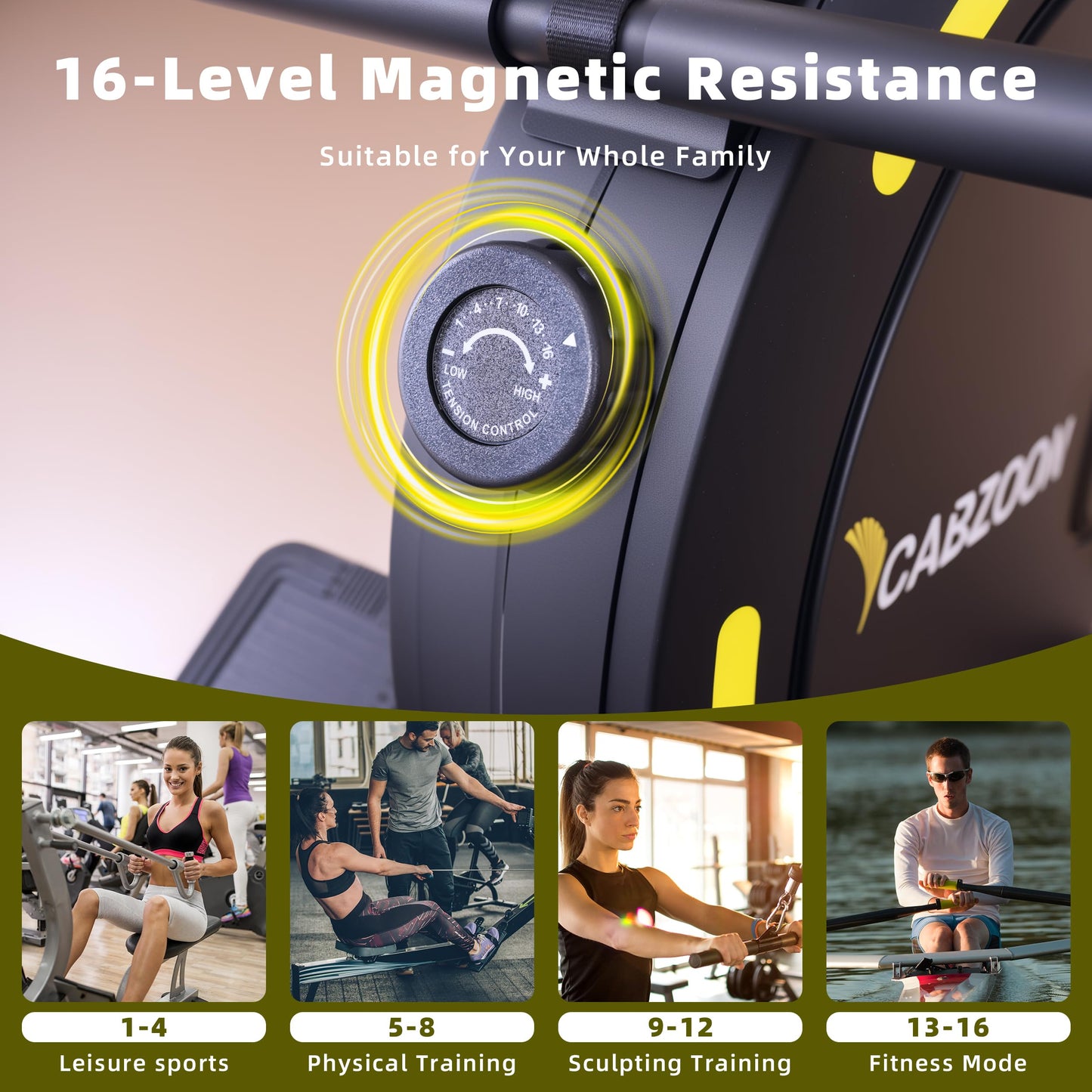 CABZOON Rowing Machines for Home，Magnetic Rowing Machine，Max 265lbs Weight Capacity, Quiet Rower with Tablet Holder，16 Levels of Resistance