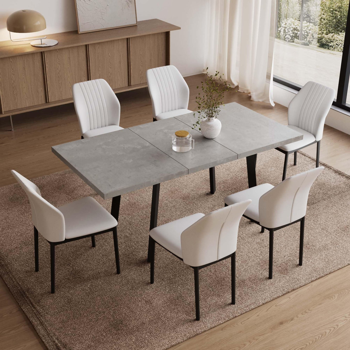 Zerifevni 47.2"- 62.9" Extendable Dining Table Set for 6, Modern Kitchen Table with 6 PU Leather Chairs, Thickened Expandable MDF Wooden Table with Metal Legs for Dining Room, Kitchen, Office