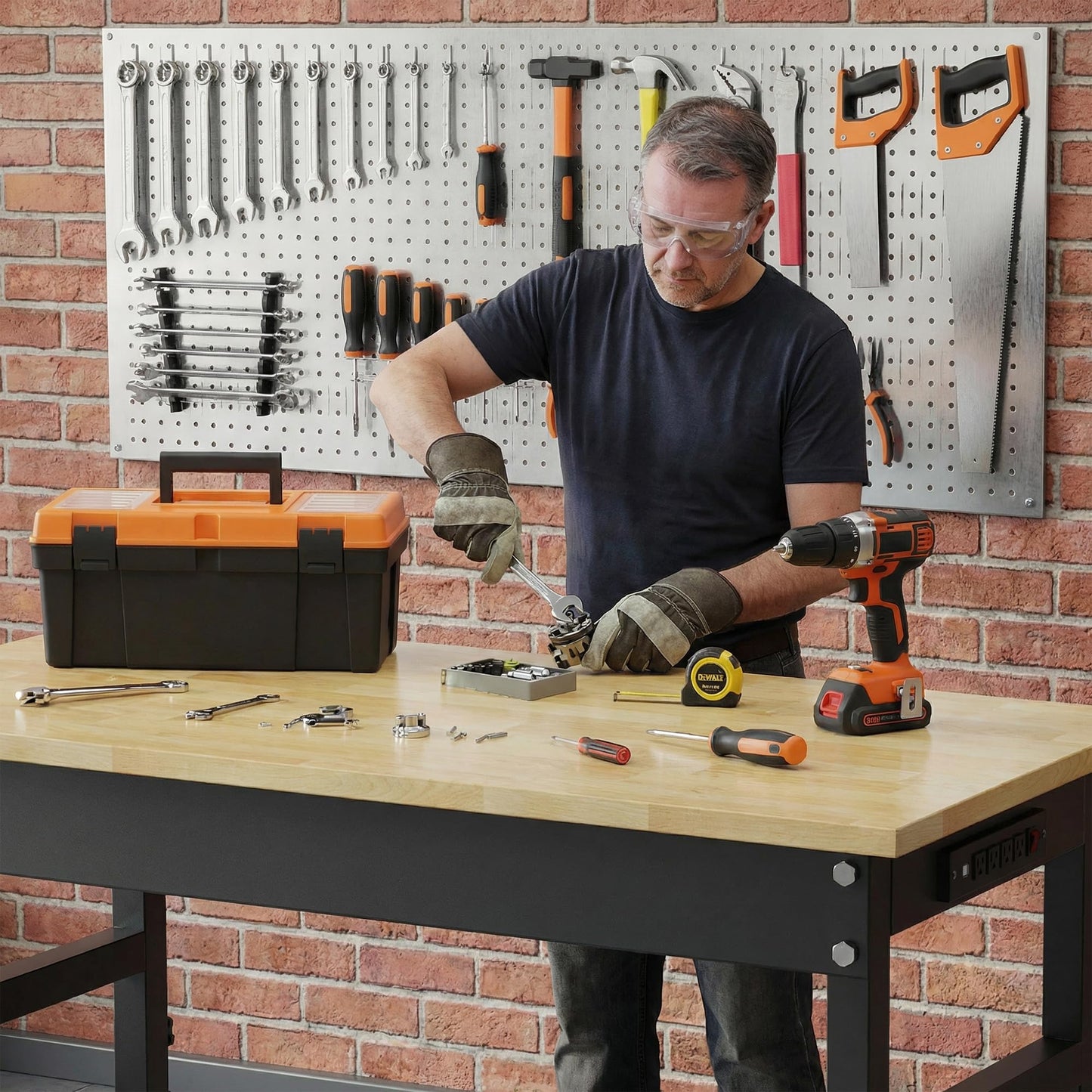 Anunweldo 47'' Adjustable Workbench, Heavy Duty Work Bench 2000 LBS Load Capacity, Wood Top Workbench with Power Outlet, Work Table for Garage, Workshop, Office, Home (47.2"x23.6"x39.4" / Rubber Pad)