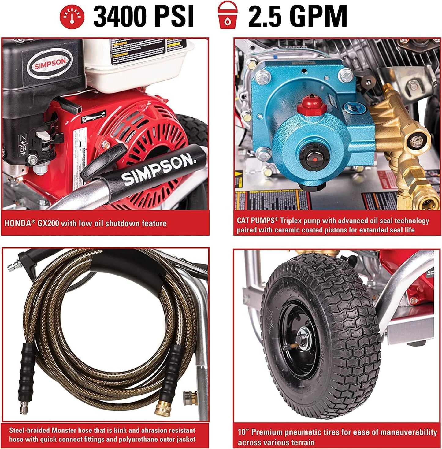 Simpson Cleaning 3400 PSI Gas Pressure Washer, 2.5 GPM Power Washer for Commercial Use, Honda GX200 Engine, 25-Foot Hose, Aluminum Series, 49-State (ALH3228-S)