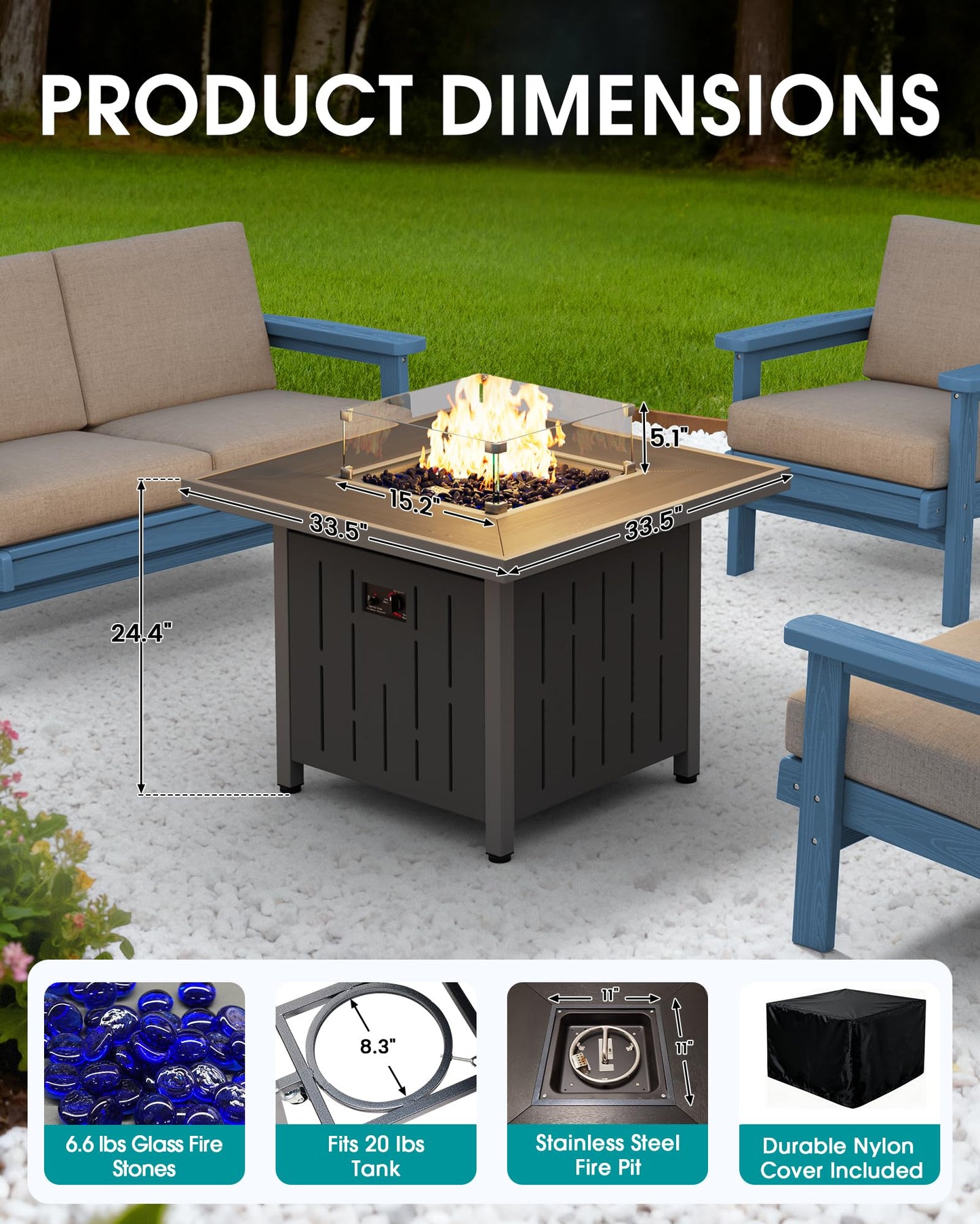 SERWALL 33" Outdoor Fire Pit Table, 50,000 BTU Square Propane Fire Pit Table with Lid, Glass Rock & Glass Wind Guard, HDPE Outdoor Furniture for Patio, Garden, Backyard, Black