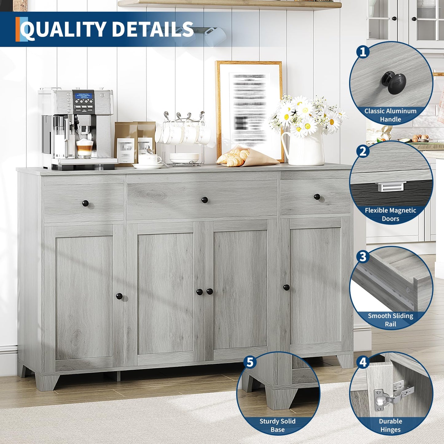 GarveeHome 55 in Sideboard Buffet Cabinet with Storage, Minimalist Kitchen Storage Cabinet with 3 Drawers & 4 Doors, Buffet Console Table Coffee Bar with Adjustable Shelf for Dining Living Room- Grey