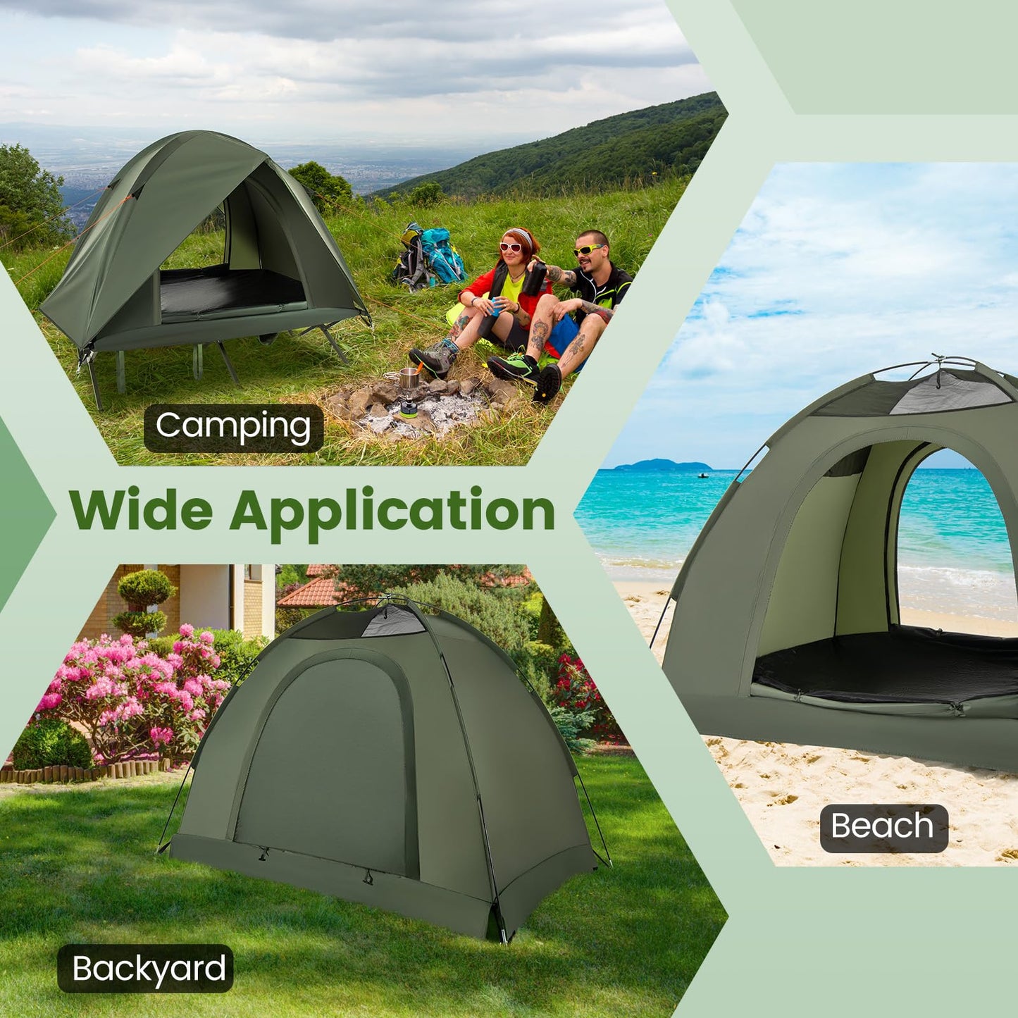 Tangkula 2 Person Tent Cot, Portable Off Ground Elevated Camping Tent with Cot, Removable Rainfly, Wheeled Bag, Stakes & Wind Ropes for Picnic, Hiking, Travel, Beach