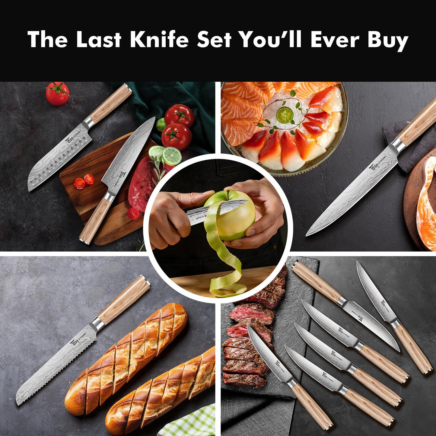 SYOKAMI Japanese Knives Set for Kitchen with Block, 14 PCS Magnetic Knife Set with Holder and Sharpener, Wooden handle, Stainless Steel Knife Set, Ideal as a Gift