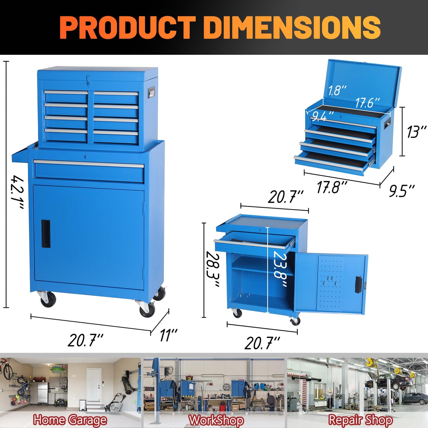 Fsazub 5 Drawers Tool Cart with Wheels & 1 Cabinet,Detachable Portable Top Box,Lock Rolling Tool Chest Trolley Organizer Set,Multifunctional Tool Box w/Storage Lockers for Garage & Workshop (Blue)