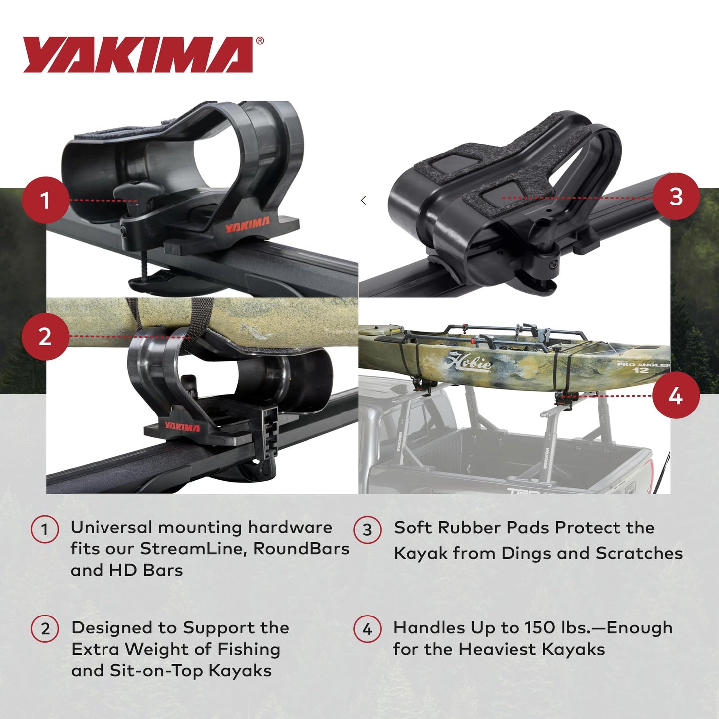 Yakima Universal BigCatch Kayak Fishing Boat Saddles, 150-Pound Load Capacity