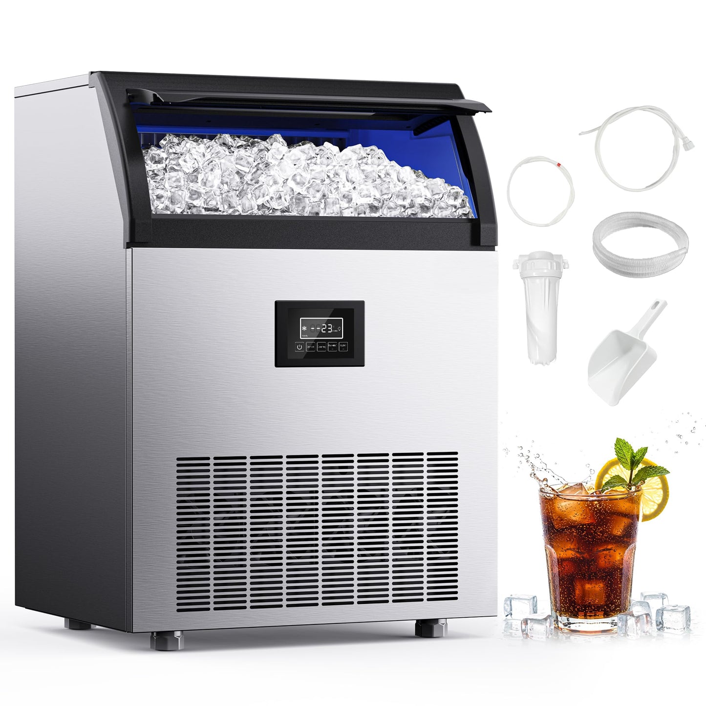 Under Counter Commercial Ice Maker, 300 lbs/24H Freestanding Ice Machine with Water Filter, 33 lbs Storage Capacity, Perfect for Home, Bar, Cafe, and Restaurant Use
