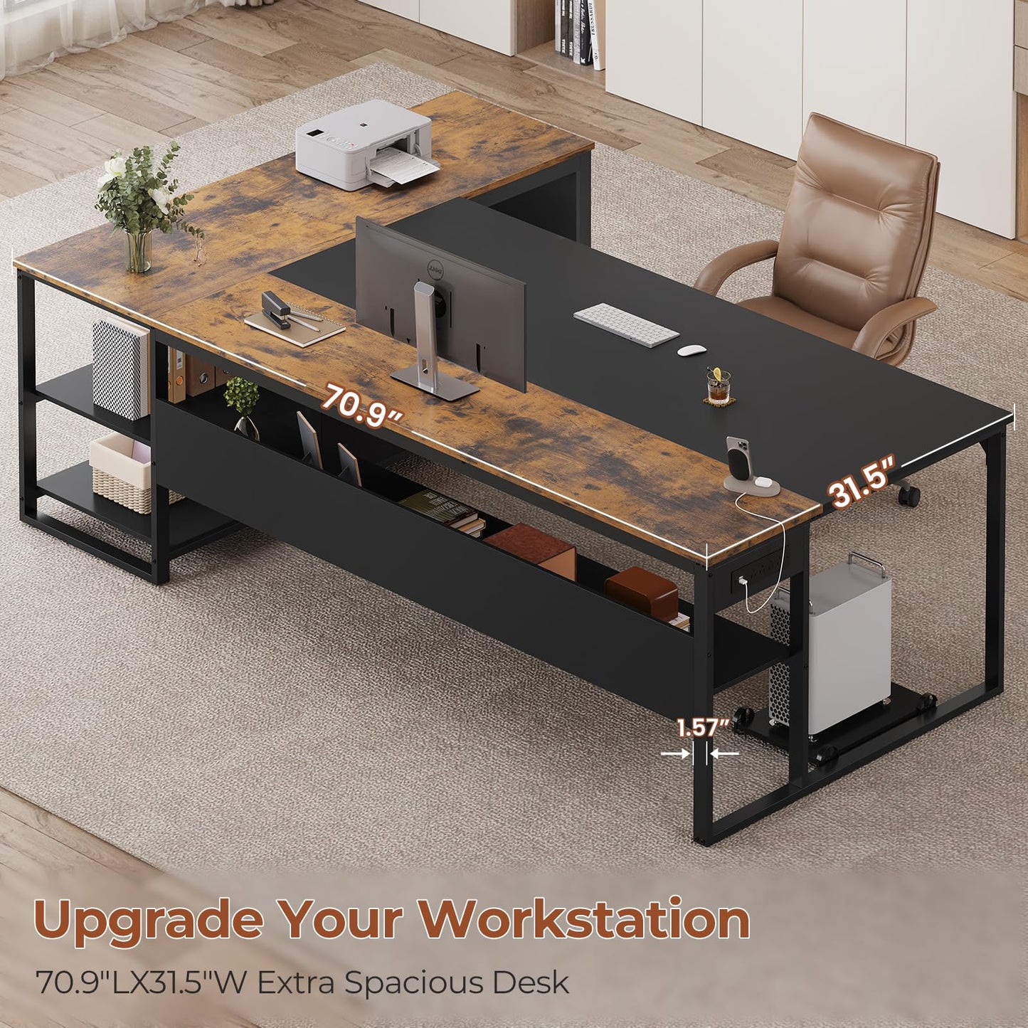 UPOSOJA 71" Executive Desk, Large Office Desk with Widen File Drawers & Power Outlets, Reversible L Shaped Computer Desk Corner Desk with Storage Shelves, CPU Stand, Hooks, Business Furniture