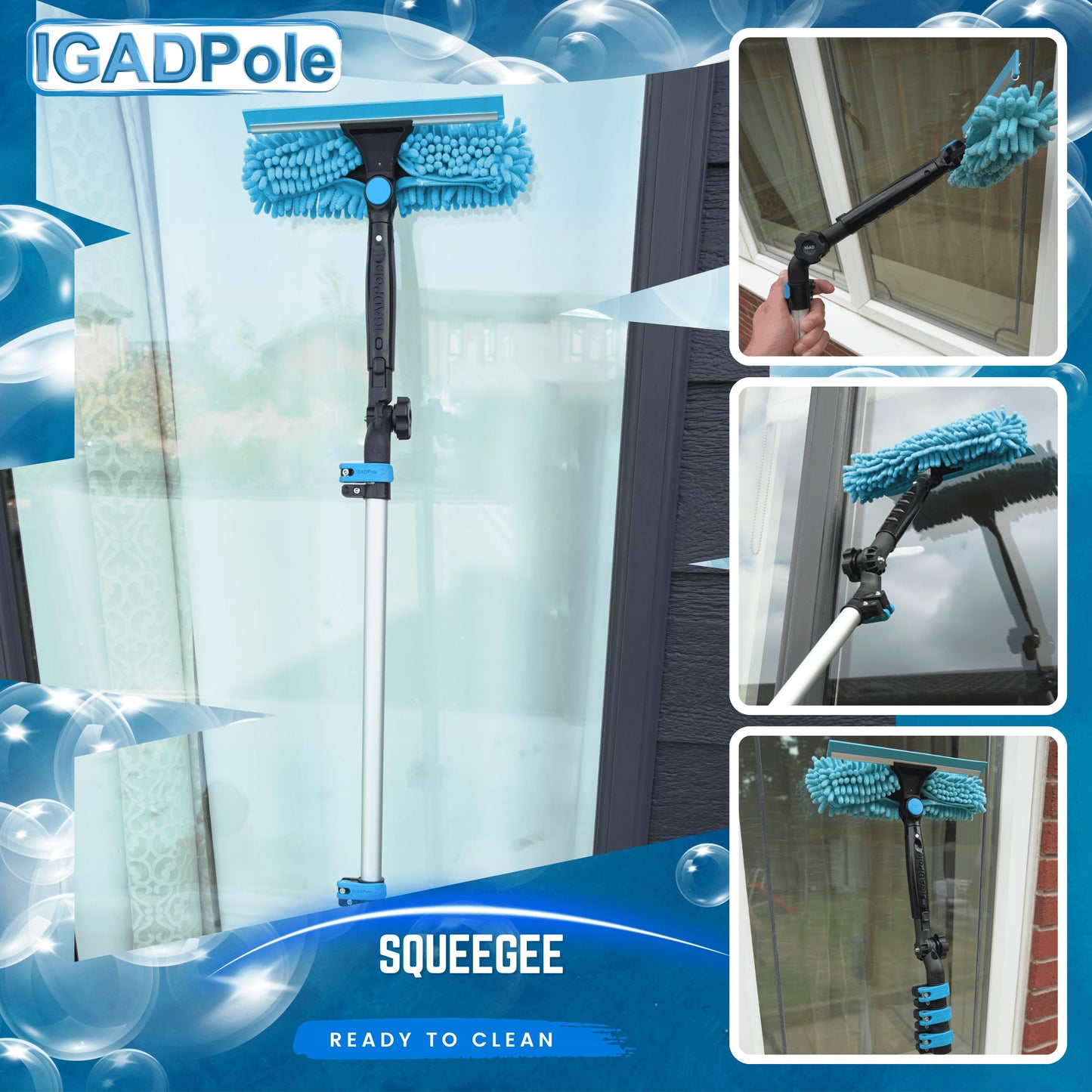 IGADPole 24 FT Water-Fed Washing Kit with Soap-Dispenser, Brush, 10″ Squeegee & Cobweb Duster for Windows, Gutters, Solar Panels & Exterior Walls