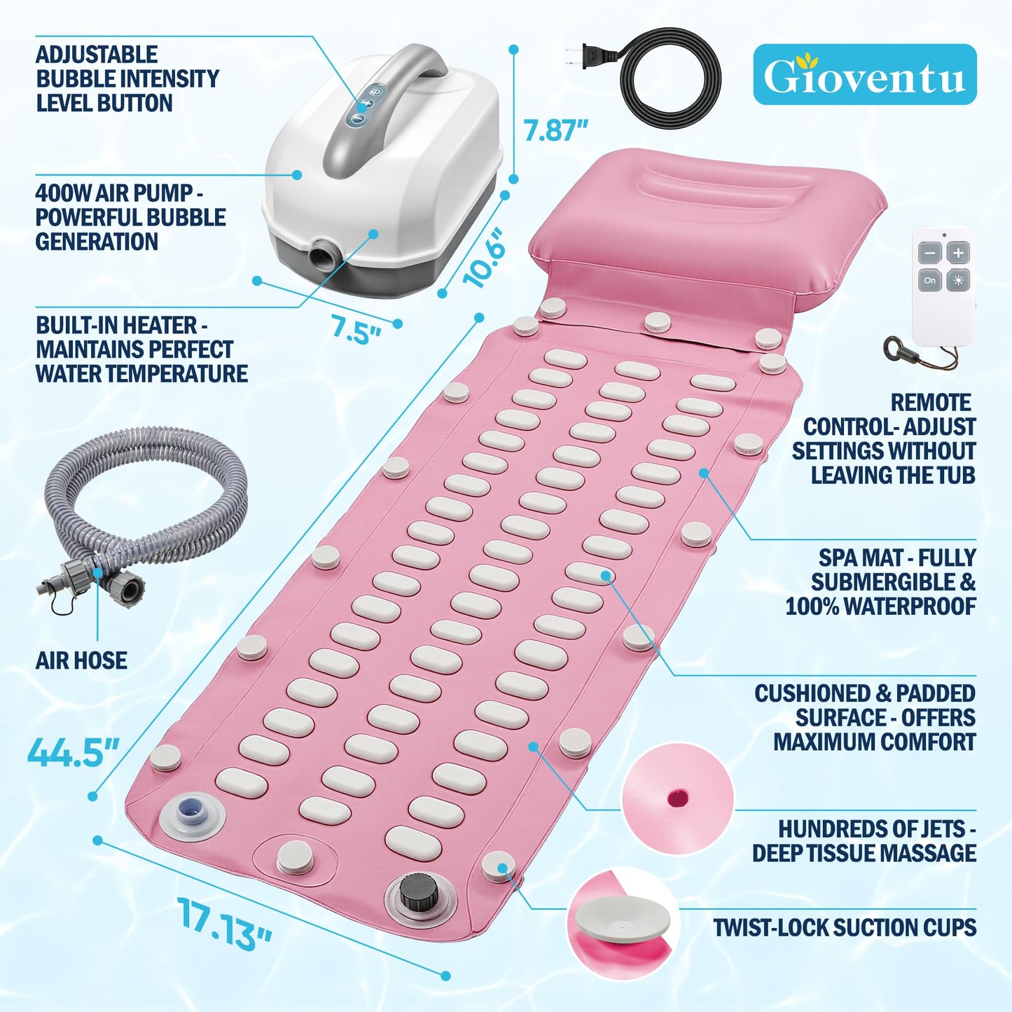 Doroino Upgraded Bubble Bath Mat Tub Spa Massager, Portable Full-Body Bathtub Bubble Mat Non-Slip & Remote Control, Motorized Air Pump, 6-Speed Bubbles for Home Ultimate Relaxation (Pink)