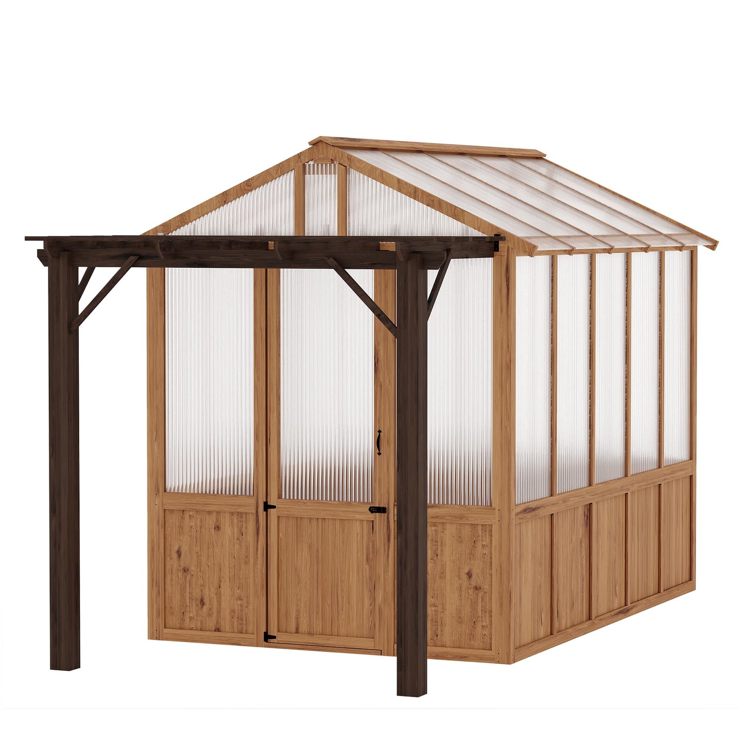 8x13FT Wooden Greenhouse with Pergola – Cedar Frame, Roof Vent & Polycarbonate Walk-in Greenhouse for Outdoor