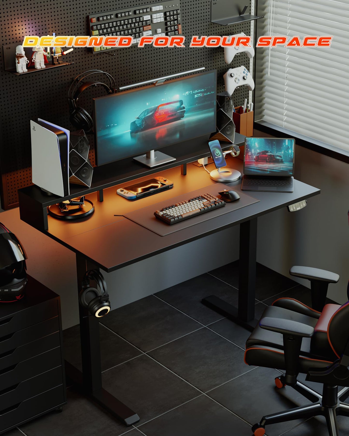 Electric Height Adjustable Standing Desk with Power Outlet and LED Light Strip, Sit to Stand, Ergonomic 48x24" Rising Desk with Memory Presets, Home Office Workstation, Computer Gaming Table, Black