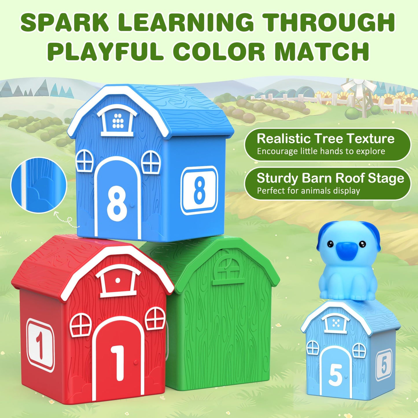 Montessori Toys for Toddlers 1 2 3 Years Old, Farm Animal Train Set with Counting Matching Sorting Activities 9 Barns, 10 Finger Puppets, 2 Stickers-Learning Toys for Baby Boys Girls, Preschool Gift