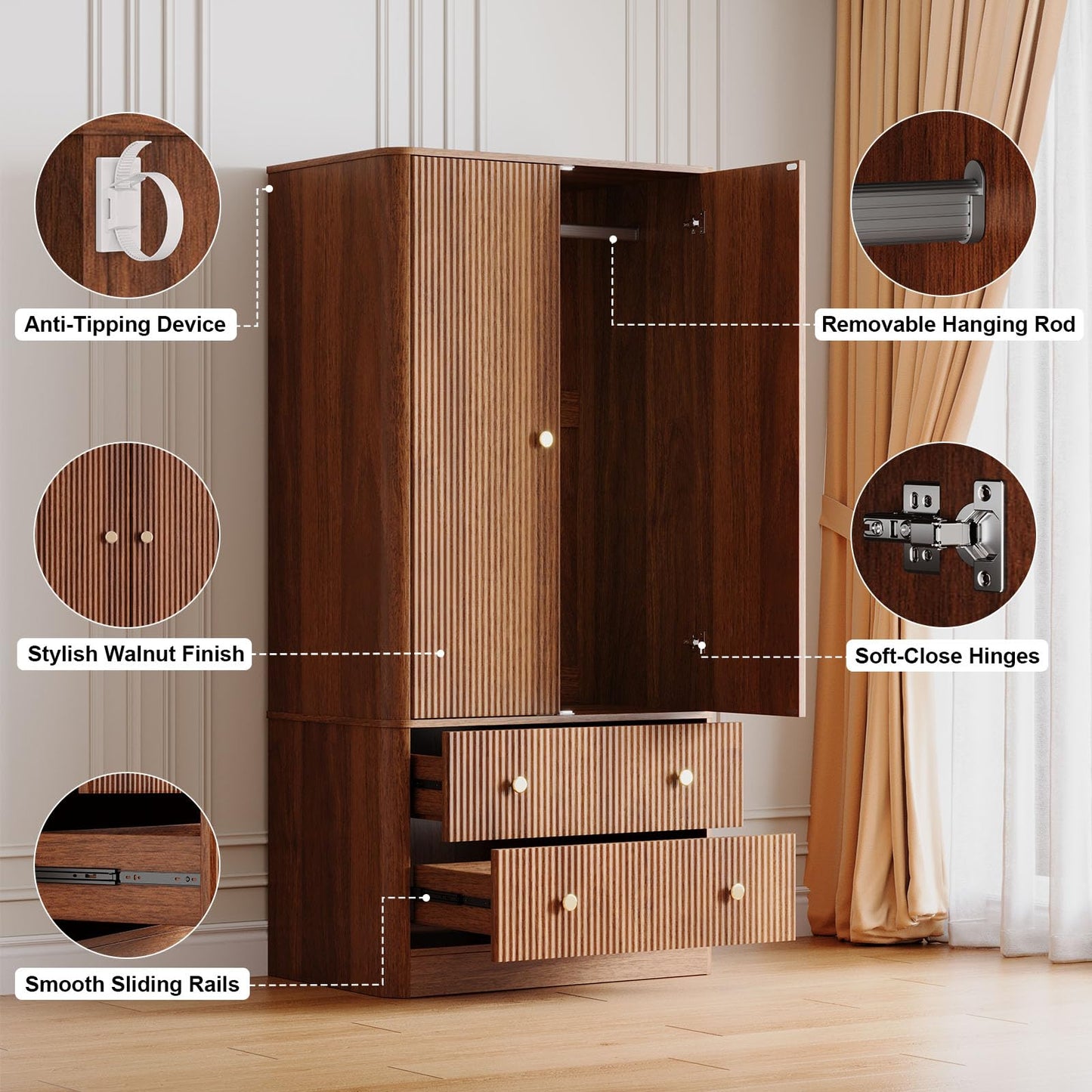 EVLIQUIL Mid-Century Modern Bedroom Armoires Wardrobe - 66" Clothing Storage Organizer with 2 Spacious Drawers & Hanging Rod, Freestanding Space-Saving Walnut Finish, Walnut