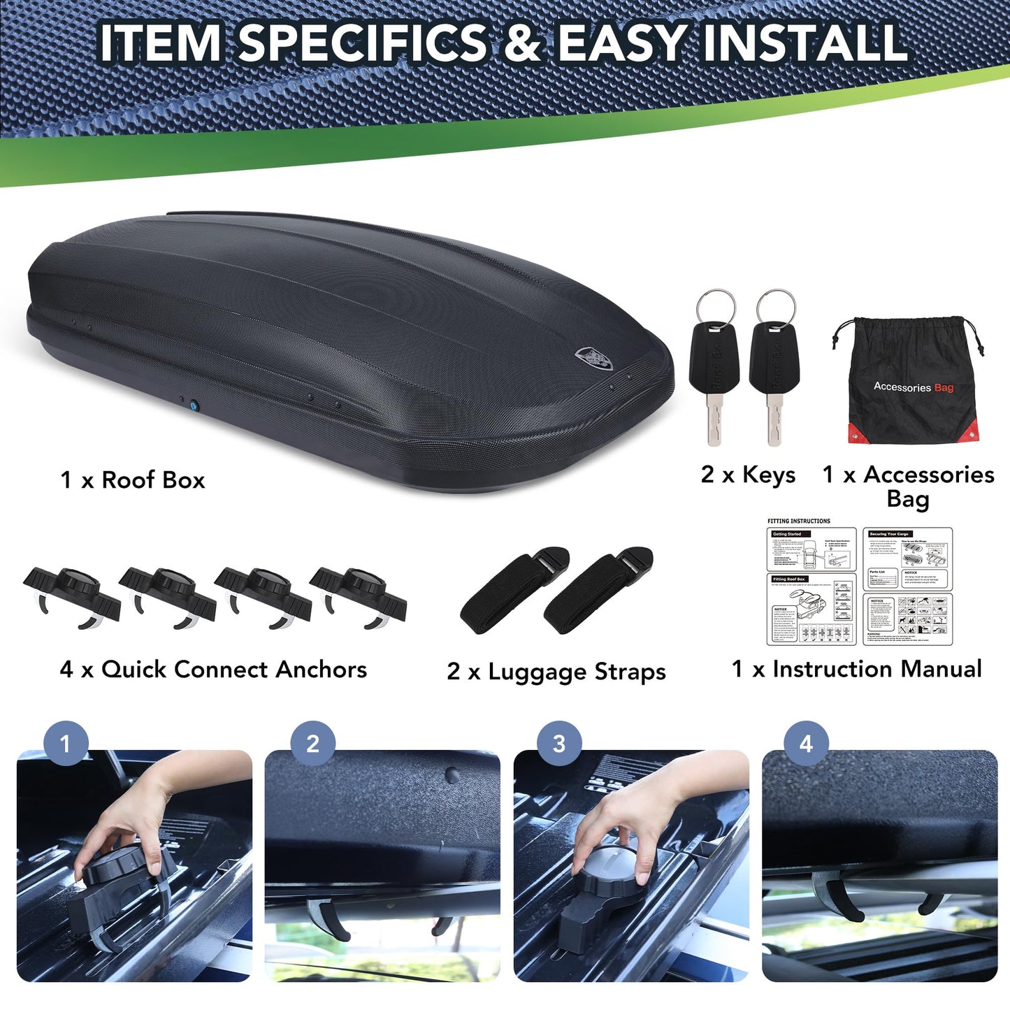 SLEKVERSA Roof Top Cargo Carrier, Vehicle Rooftop Hard Shell Travel Storage Box with Dual Sided Opening & Universal Mounting