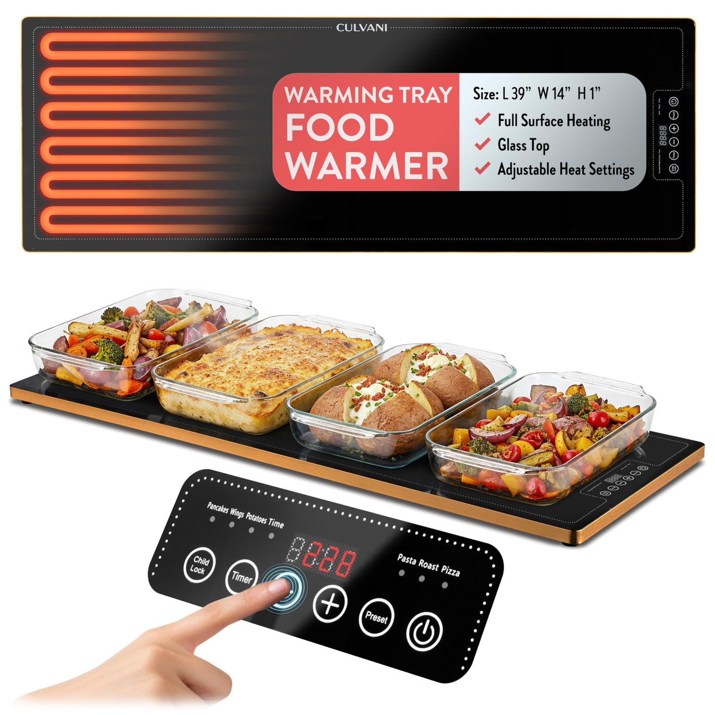 Culvani Electric Warming Tray for Food | 39"x14" XL Thermaplate Electric Food Warmer for Kitchen & Buffet | 1" Thin Countertop Hot Plate with Touch Controls, Adjustable Temp, Black/Gold Finish