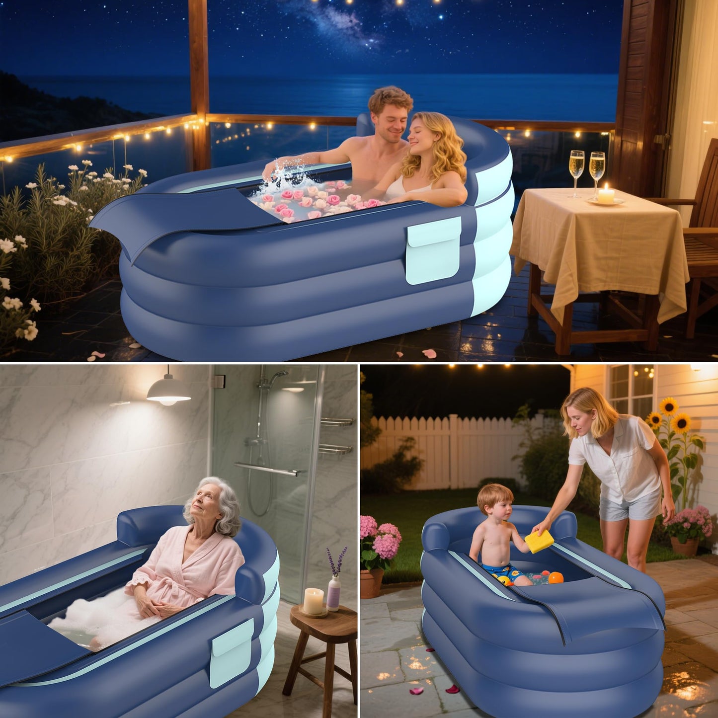 Inflatable Bathtub & Bubble Spa Mat- Portable Hot Tub for Adults, Equipped with a Bubble Math Mat for Massage, Fits Any Bathroom, Foldable Design for Renters/Apartments (65"x33"x26" 220lb)