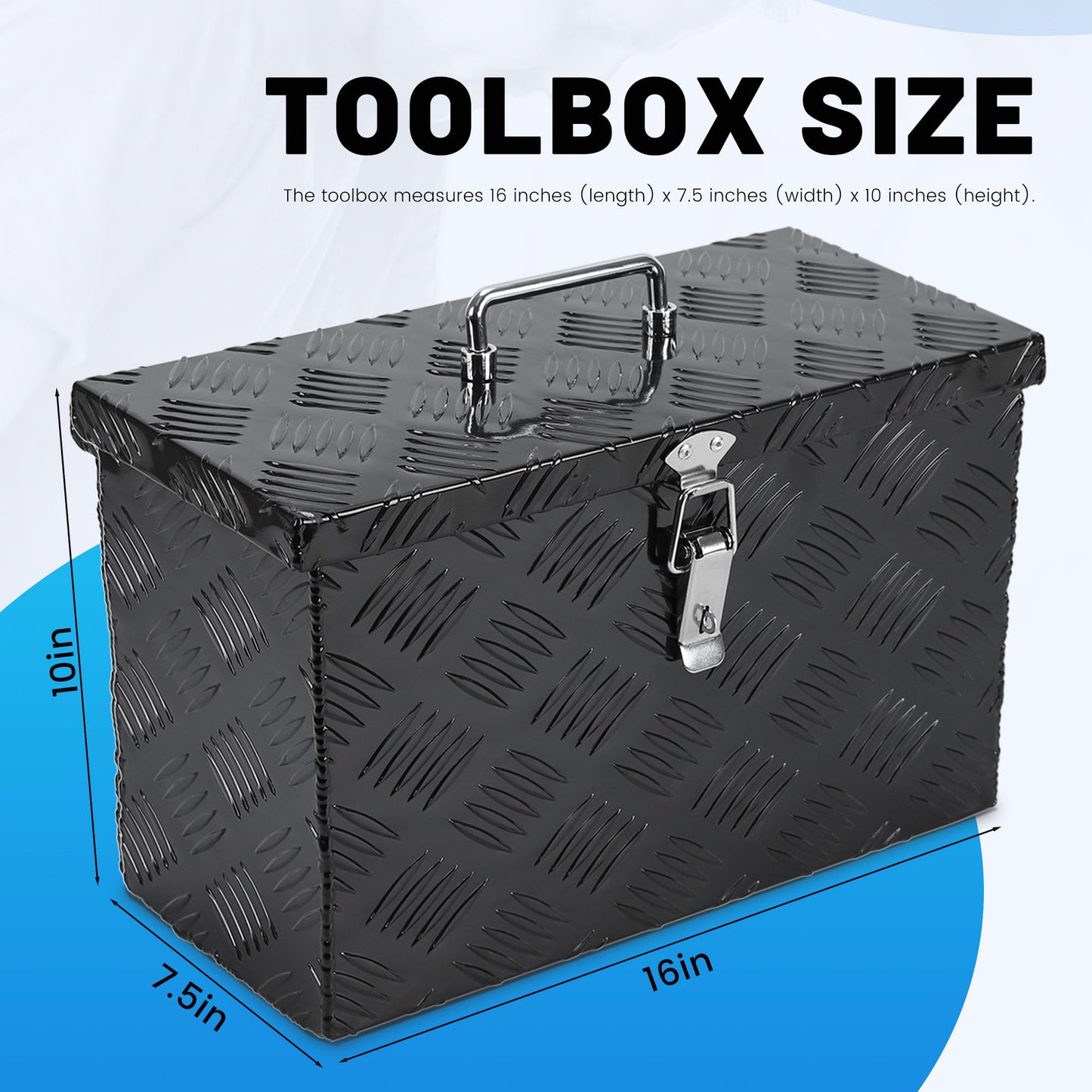 Vigorighter 16 Inch Truck Tool Box, Aluminum 16"X7.5"X10" Small Truck Storage Box with Top Handle, Heavy Duty Lockable Toolbox for Pickup,Truck Bed, RV, Trailer, Car, 5 Bar Tread Pattern, Black