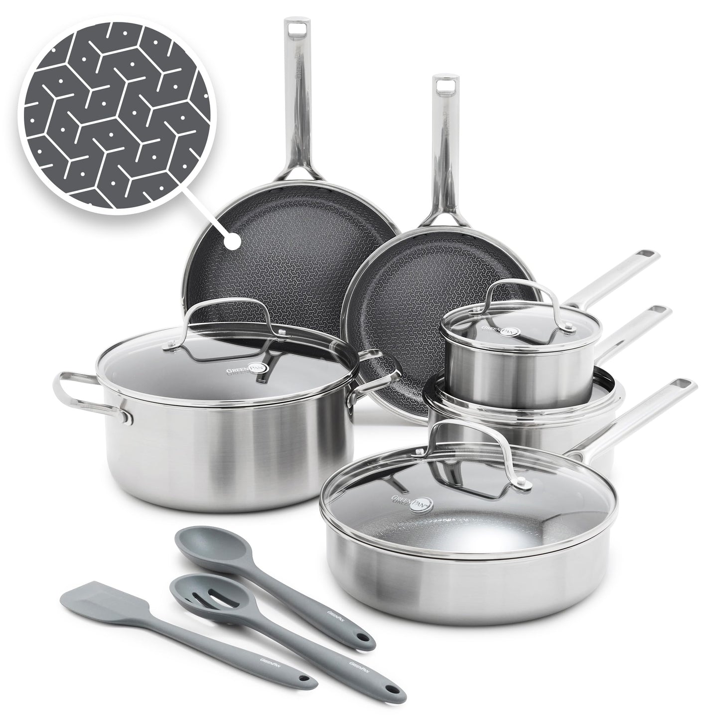 GreenPan Hybrid 13 Piece Nonstick Stainless Steel Cookware Set, APEX Tri-Ply Thermobond PFAS-Free Ceramic Pots & Pans, Induction & All Cooktop Compatible, Oven Temp to 850°F, Dishwasher Safe, Silver