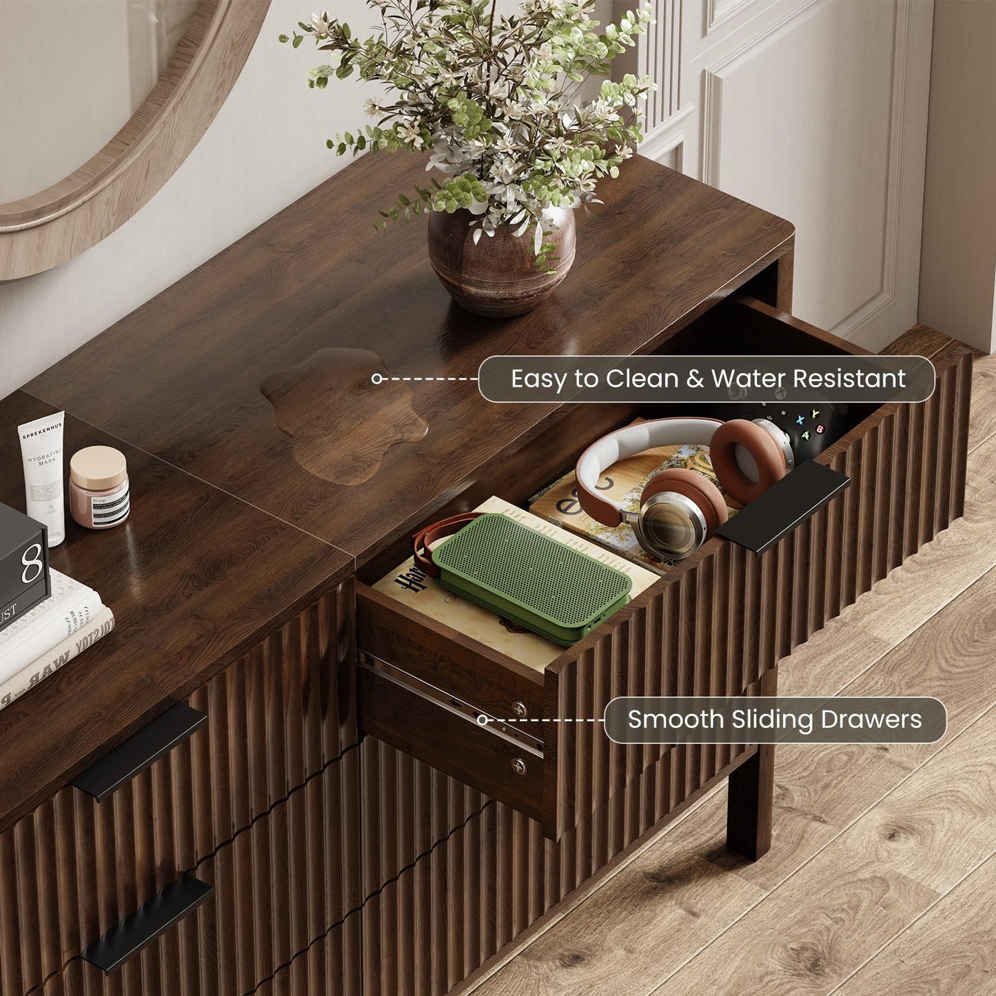 55" Wide Fluted 6 Drawer Dresser for Bedroom, Wooden Dresser Modern Chest of Drawers TV Stand Dressers with Organizer Storage for Bedroom, Living Room, Entryway, Hallway, Walnut