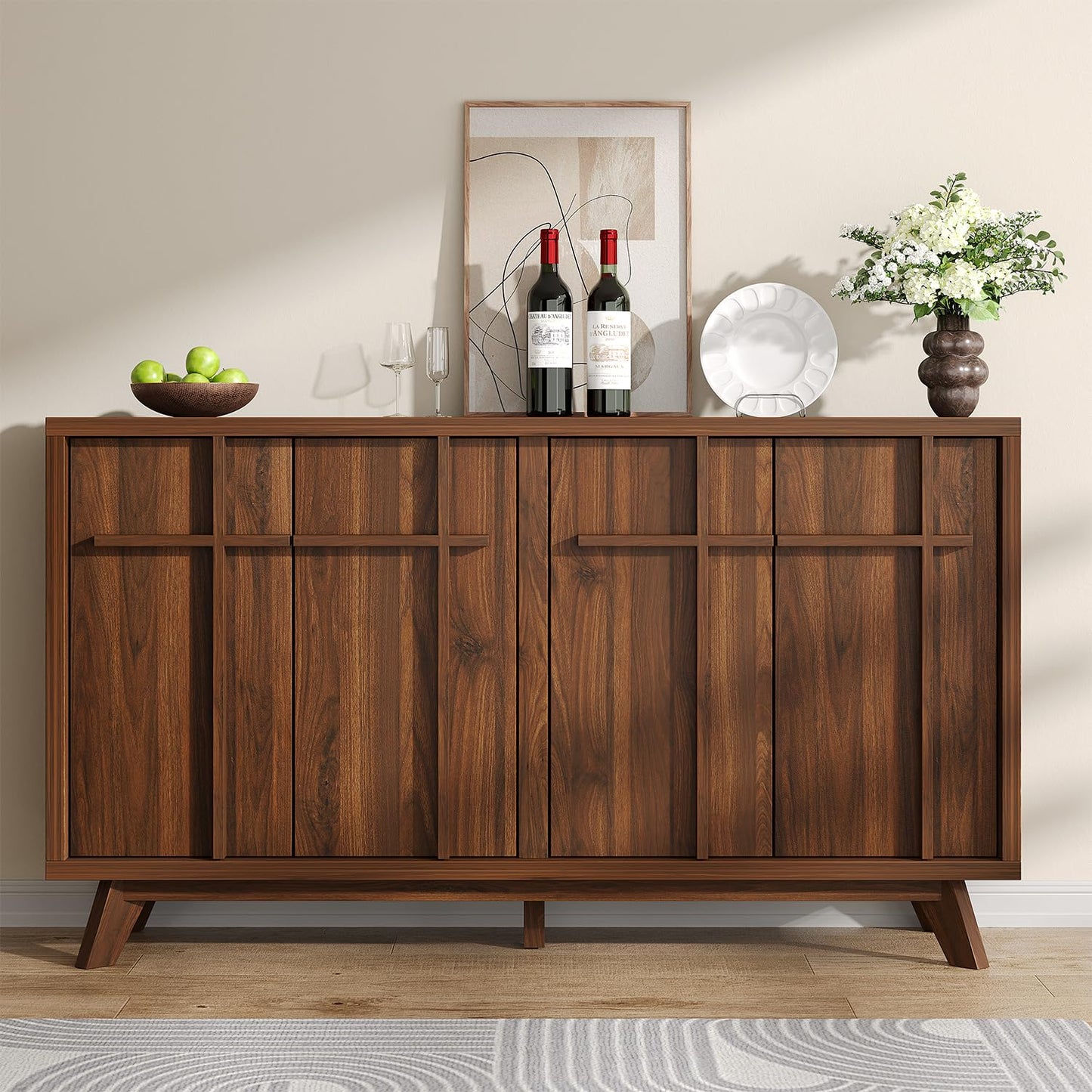 knoworld Sideboard Buffet Cabinet with Storage, 59" Modern Credenza with 4 Doors & Adjustable Shelves, Wood Console Cabinet for Living Room Kitchen Dining Room Hallway (Walnut)