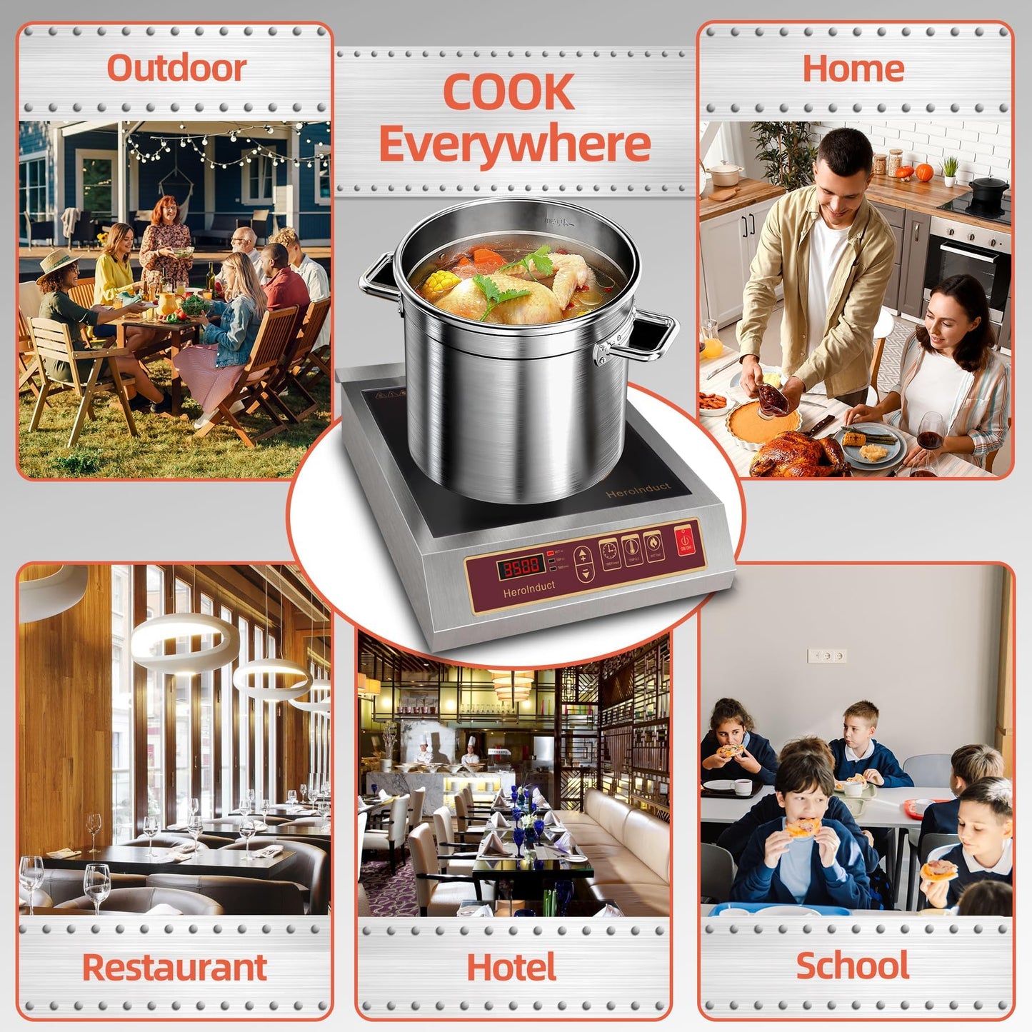 HeroInduct Portable Induction Cooktop 208-240V 3500W Commercial Range Countertop Burner Dual IGBT Modules 8 Heating Level Timer Sensor Push-Button Premium Stainless Steel Housing Ceramic Glass（Red）