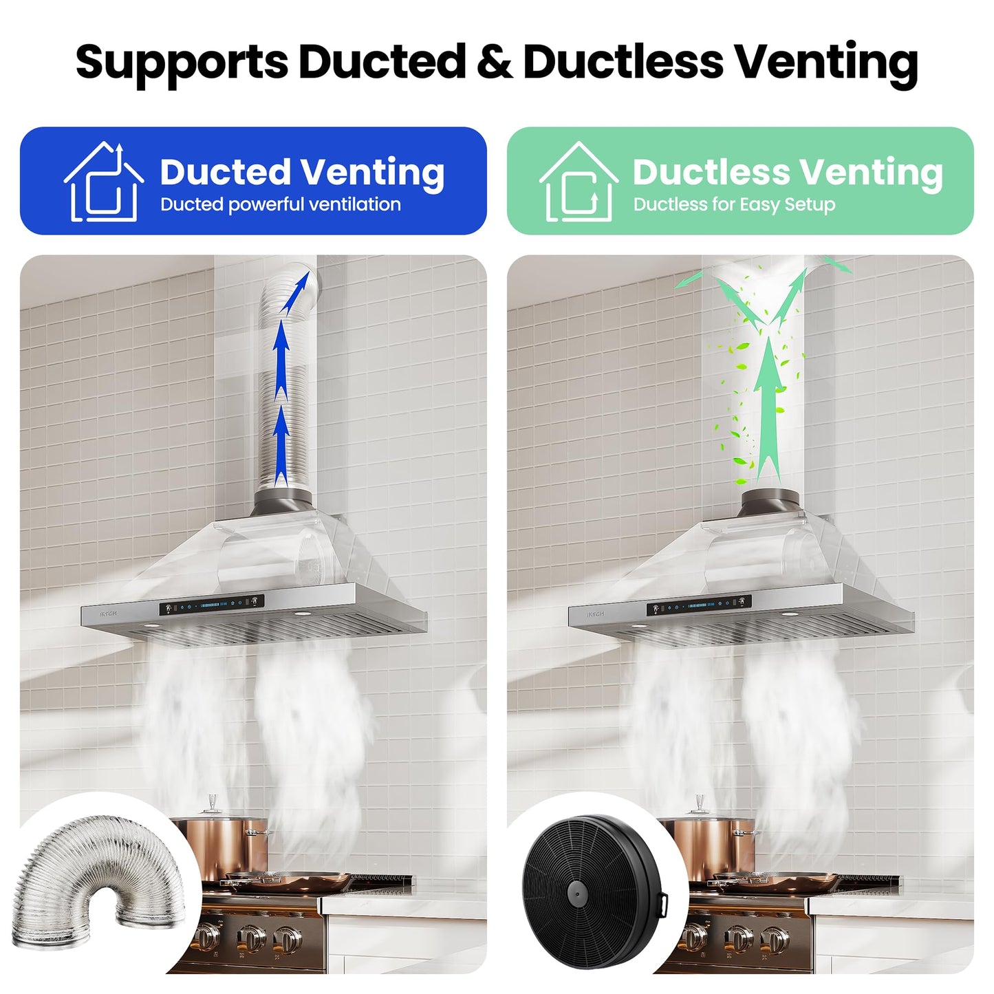IKTCH 30-inch Wall Mount Range Hood 900 CFM Ducted/Ductless Convertible, Kitchen Chimney Vent Stainless Steel with Gesture Sensing & Touch Control Switch Panel, 2 Pcs Adjustable Lights(IKP02-30'')