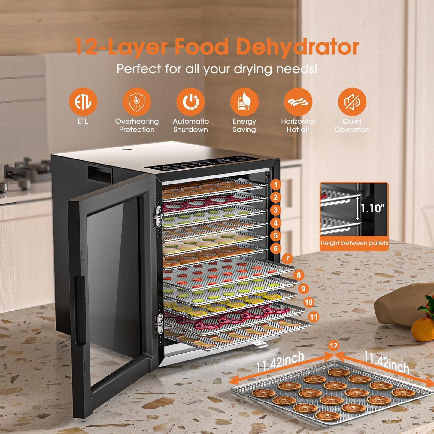 Food Dehydrator, 12 Stainless Steel Trays in 850W Dehydrator Machine, 48 Hour Digital Timer and 167°F Temperature Adjustable, Food Dryer for Jerky, Dog Treats, Meat, Fruit, Herbs